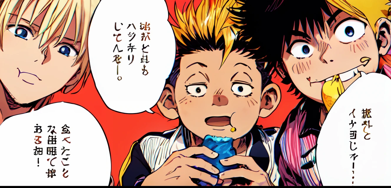 a anime of a boys manga, text bubble speech, eating, color manga, manga color, color manga, color manga panel, simple background