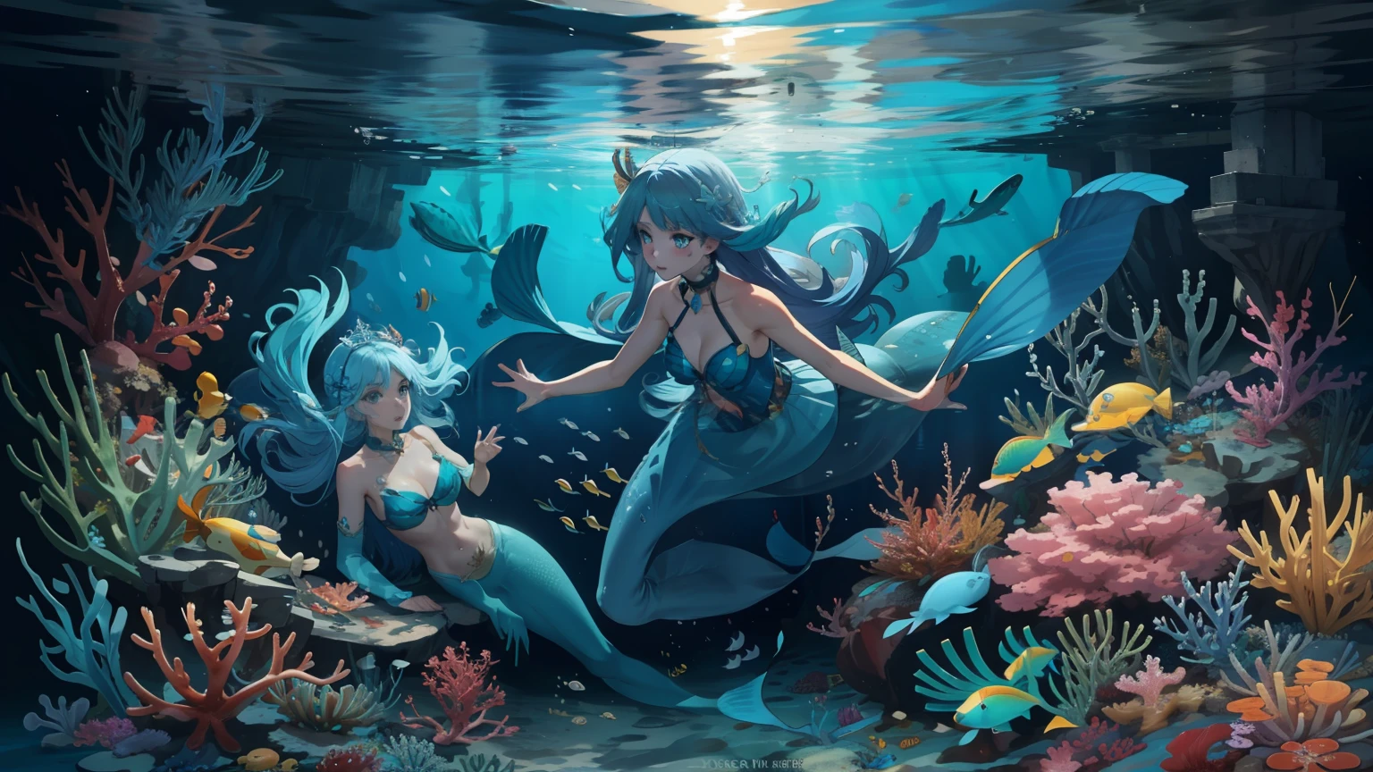 "Underwater scene: trash scattered on the seabed, featuring 3 majestic mermaids, surrounded by colorful fishes and curious crabs."