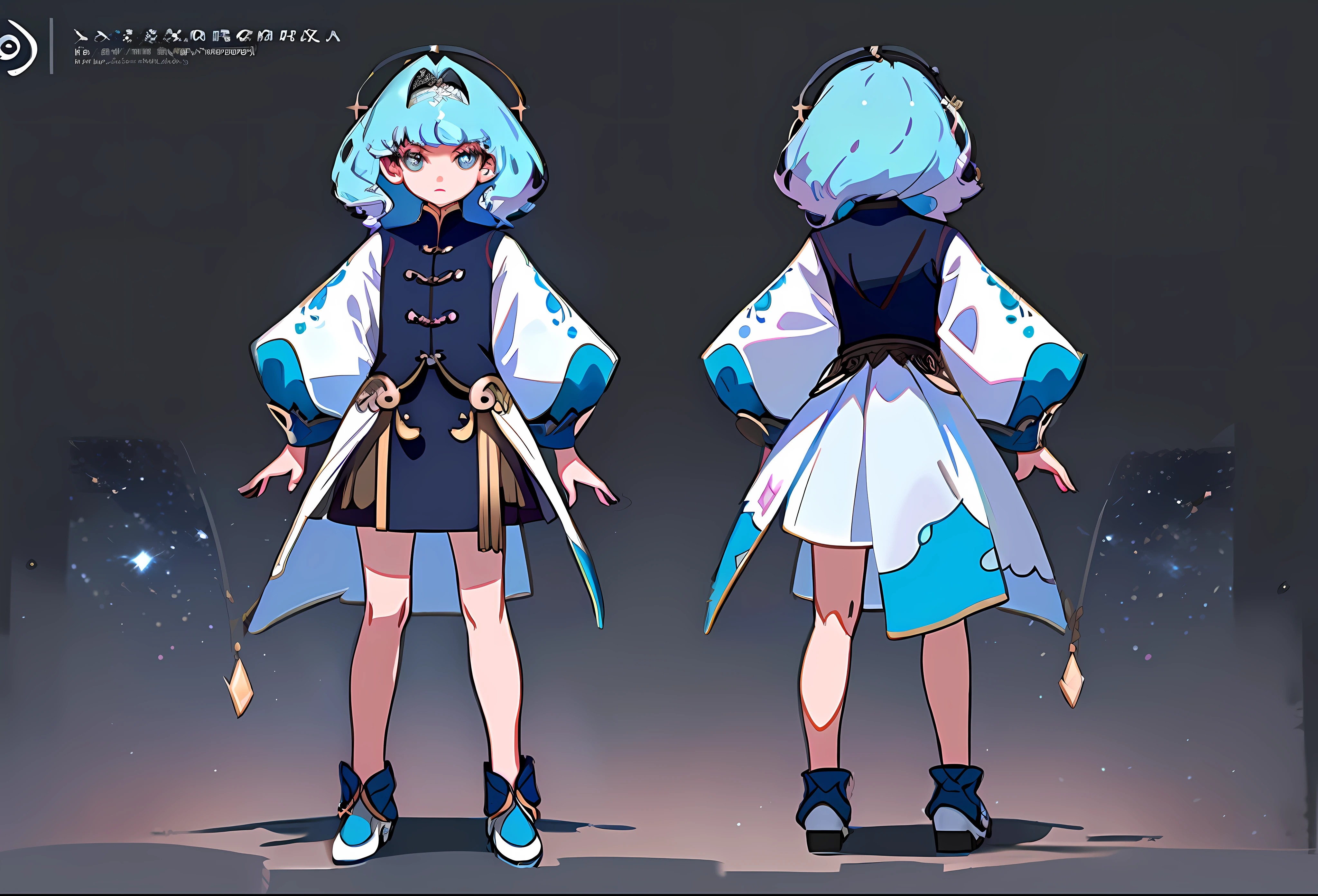 ((masterpiece)), (((best quality))), (character design sheet, same character full body, front, side, back), Illustration, 1 girl, hair color, bangs, Delicate material depiction,Metal details,Fabric details,exquisite facial features,Elaborate Eyes,hair fax, eyes, environment change, pose kota, shirt shangyi, stars, charturnbetalora, (simple background, white background: 1.3) ,--6