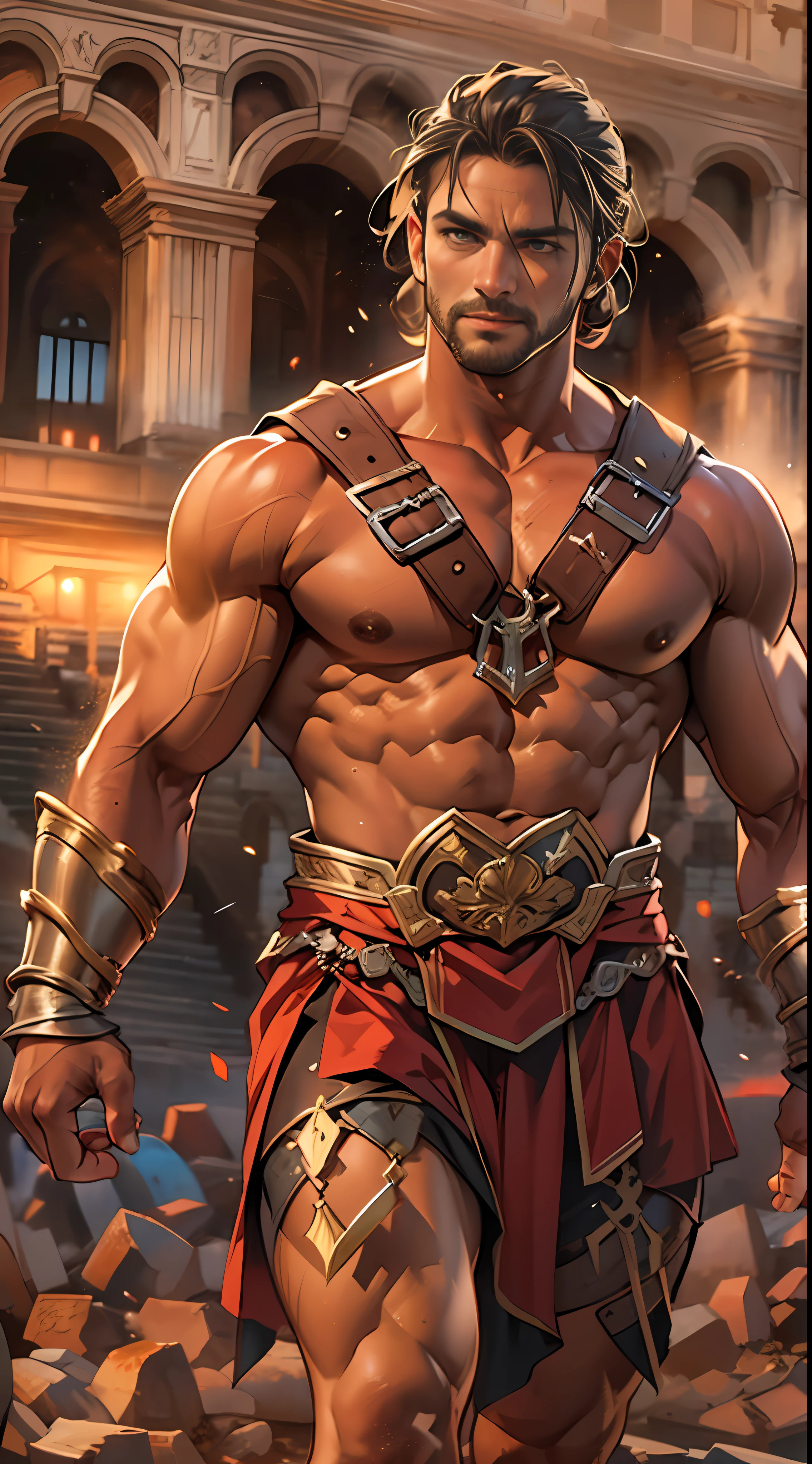 Mighty gladiator, chest uncovered, lower body revealed from thighs to feet, cascading long curls, detailed muscular physique, lifelike depiction, 4K resolution. Background: Colosseum during a spectacular sunset,32k uhd, best quality, masterpiece, super detail, high details