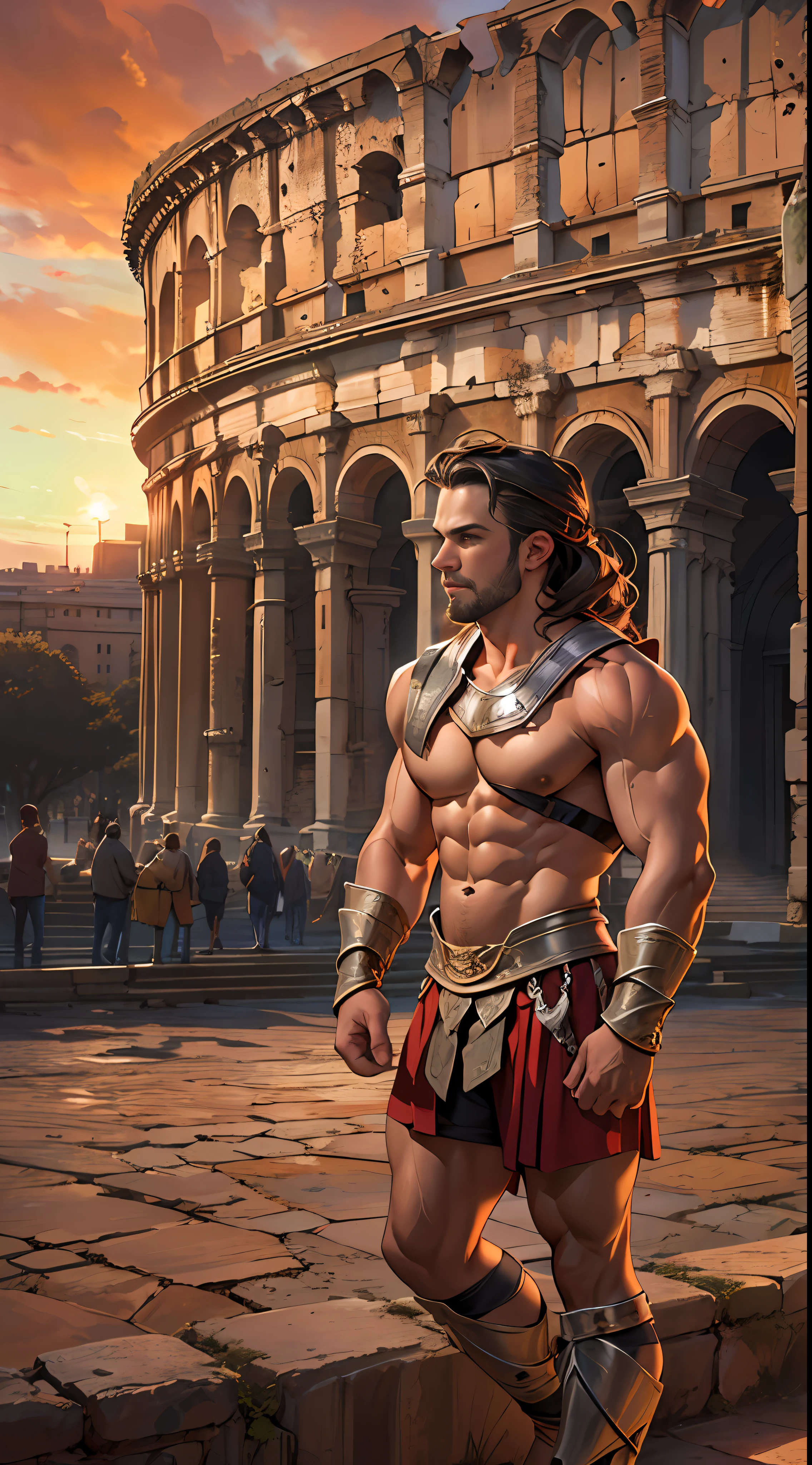 Mighty gladiator, chest uncovered, lower body revealed from thighs to feet, cascading long curls, detailed muscular physique, lifelike depiction, 4K resolution. Background: Colosseum during a spectacular sunset,32k uhd, best quality, masterpiece, super detail, high details