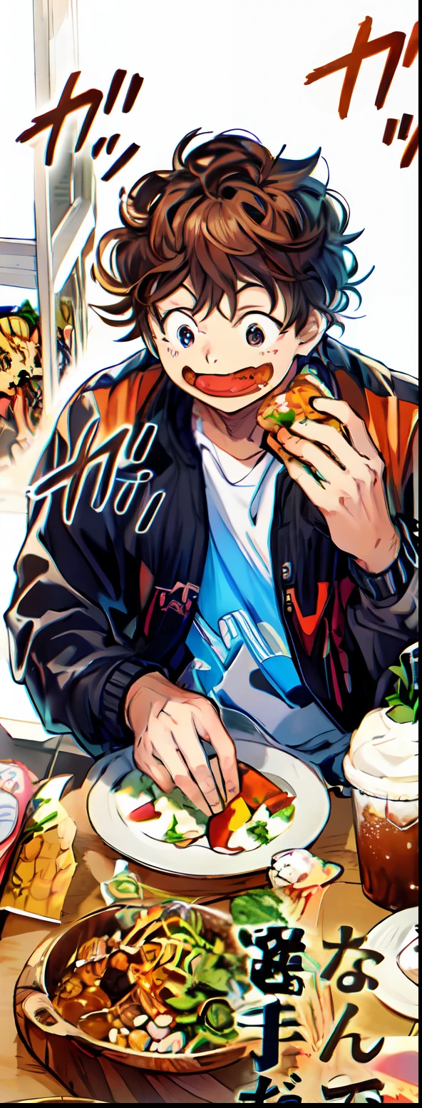 a anime of a boys manga, brown hair color, eating, food in table, food, drink, jacket, color manga, manga color, color manga, color manga panel, simple background
