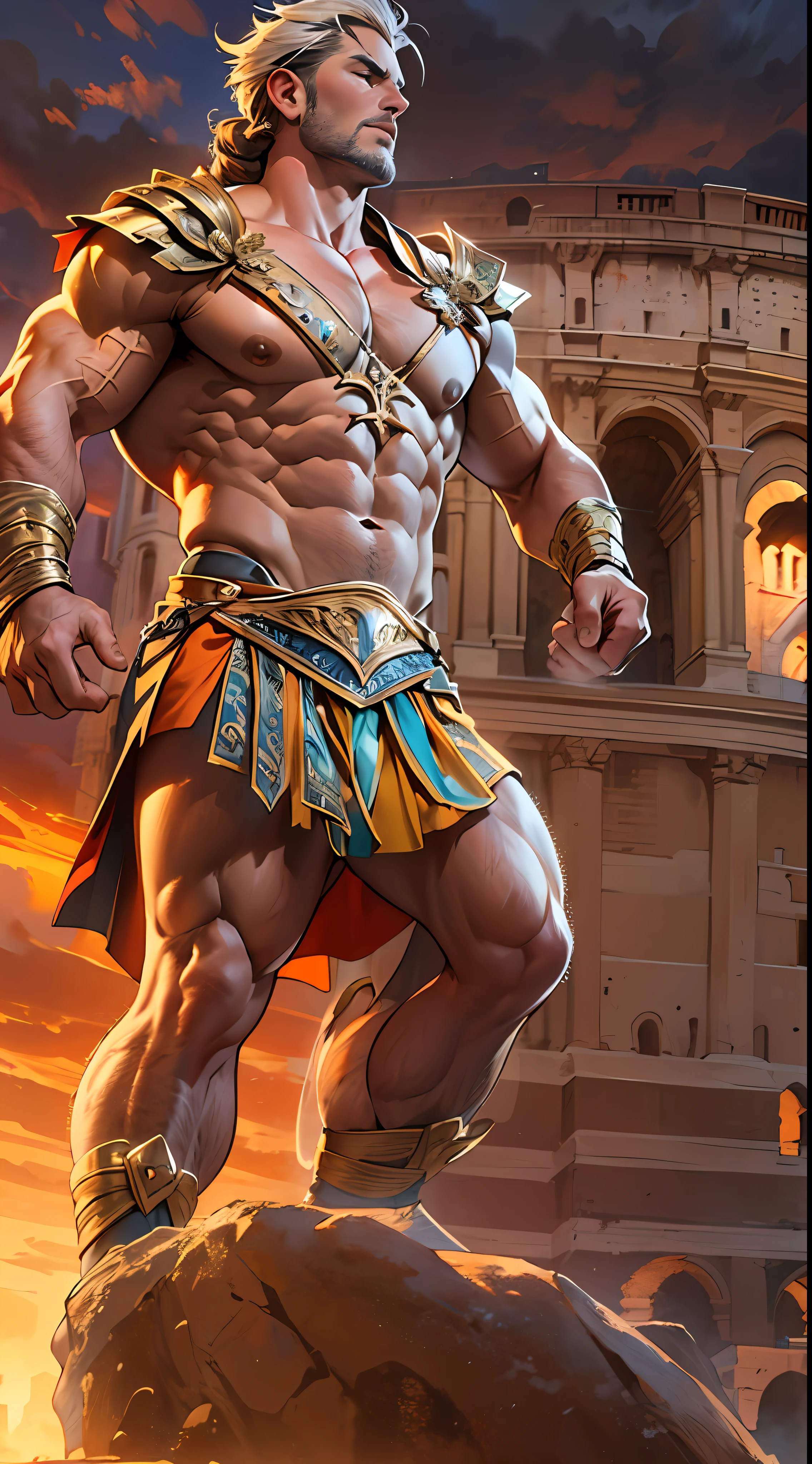 Mighty gladiator, chest uncovered, lower body revealed from thighs to feet, cascading long curls, detailed muscular physique, lifelike depiction, 4K resolution. Background: Colosseum during a spectacular sunset,32k uhd, best quality, masterpiece, super detail, high details