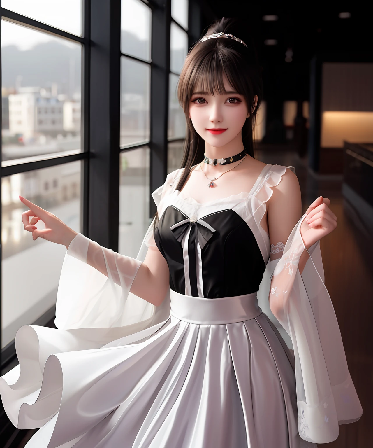 best qualtiy，tmasterpiece，A high resolution，1girl，Porcelain skirt，hair adornments，choker necklace，jewely，beautiful  face，Physically，dingdall effect，realisticlying，dark studio，edge lit，twotonelighting，（highdetailskin：1.2），8k uhd， dslr, softlighting, high high quality,  photore, A high resolution, 4k, 8k, Background bokeh,High ponytail，A sweet smile