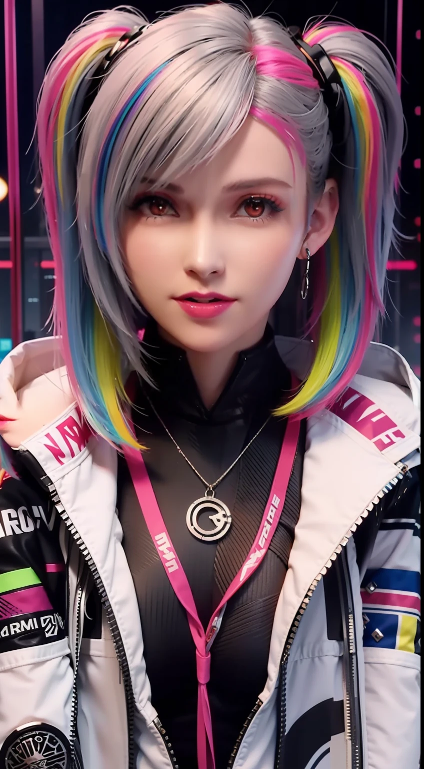 lucy \(cyberpunk\), 1girl, hair scrunchie, hime cut, silver hair, colored tips, full moon, grey eyes, jacket, long sleeves, looking at viewer, medium hair, multicolored hair, parted bangs, parted lips, pink hair, portrait, red eyeliner, red lips, solo, white jacket, cyberpunk \(series\), rainy night in a cyberpunk city with glowing neon lights