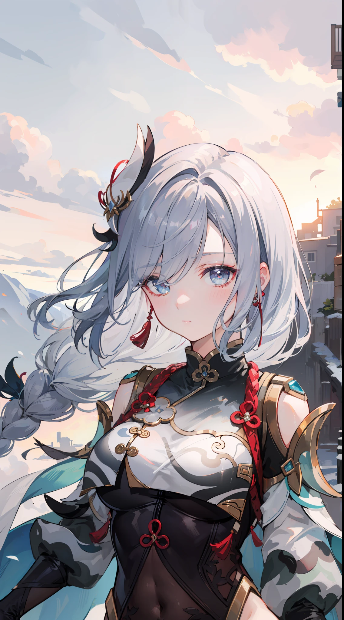 shenhedef, upper body, serious expression, blush, outdoors, night, futuristic town, dark moon sky, short hair, sky, looking at viewer, mountain, moody lighting, (perfect detail eyes:1.2), glowing eyes, (long hair one braid:1.2),
(Masterpiece, Best Quality, High Quality:1.4), professional artwork, Intricate Details, field of view, sharp focus, detailed painting, photorealistic lighting, trending on pixiv, (vivid lighting, vibrant colors:1.05), realistic shadows, ambient occlusion,