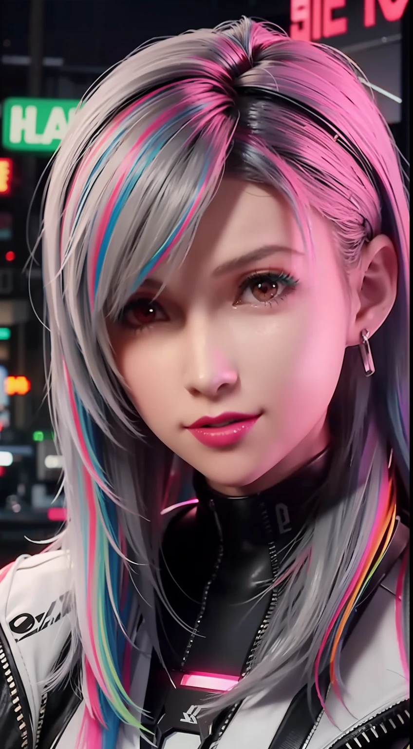 lucy \(cyberpunk\), 1girl, hair scrunchie, hime cut, silver hair, colored tips, full moon, grey eyes, jacket, long sleeves, looking at viewer, medium hair, multicolored hair, parted bangs, parted lips, pink hair, portrait, red eyeliner, red lips, solo, white jacket, cyberpunk \(series\), rainy night in a cyberpunk city with glowing neon lights