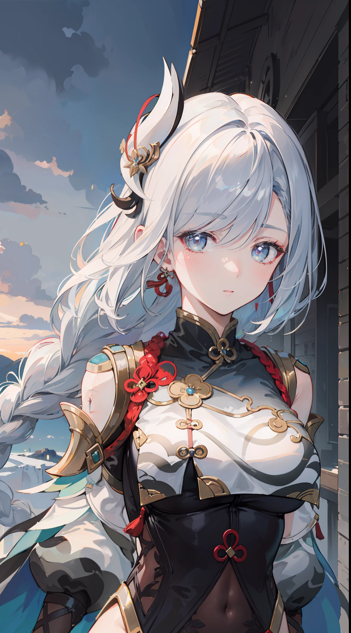 shenhedef, upper body, serious expression, blush, outdoors, night, futuristic town, dark moon sky, short hair, sky, looking at viewer, mountain, moody lighting, (perfect detail eyes:1.2), glowing eyes, (long hair one braid:1.2),
(Masterpiece, Best Quality, High Quality:1.4), professional artwork, Intricate Details, field of view, sharp focus, detailed painting, photorealistic lighting, trending on pixiv, (vivid lighting, vibrant colors:1.05), realistic shadows, ambient occlusion,
