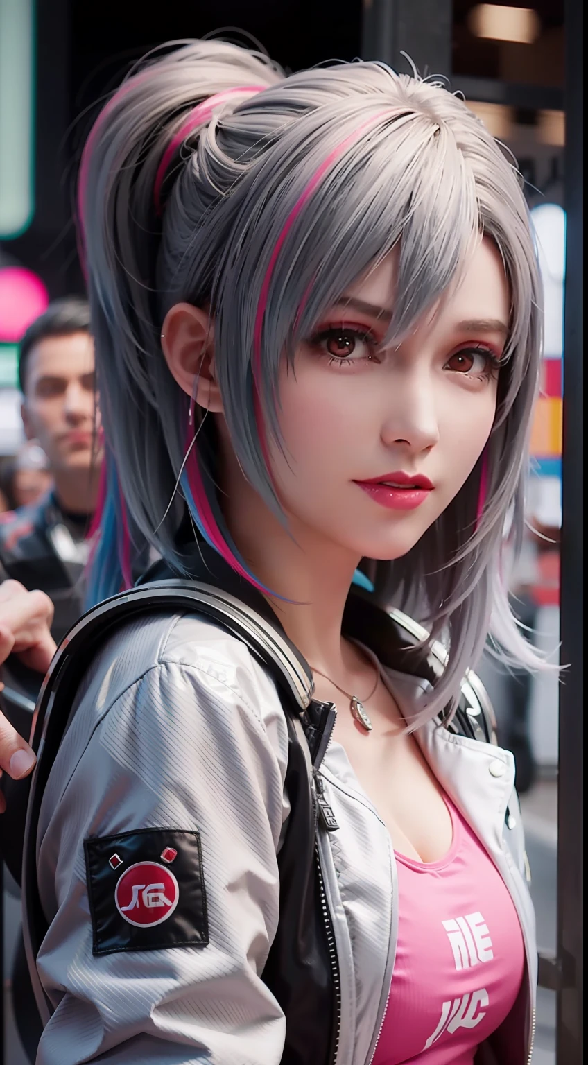 lucy \(cyberpunk\), 1girl, hair scrunchie, hime cut, silver hair, colored tips, full moon, grey eyes, jacket, long sleeves, looking at viewer, medium hair, multicolored hair, parted bangs, parted lips, pink hair, portrait, red eyeliner, red lips, solo, white jacket, cyberpunk \(series\), rainy night in a cyberpunk city with glowing neon lights