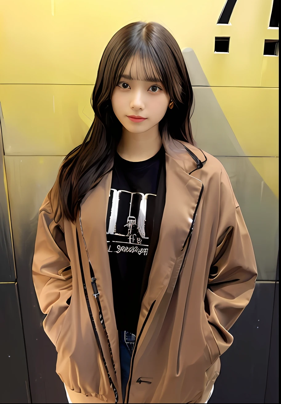 1girl, black t-shirt, brown suit, ideal body, jeans, visible navel, long hair, hands in jacket pockets, shiny sweat, details on face, ultra detail, realistic, 24k, background in dark alley