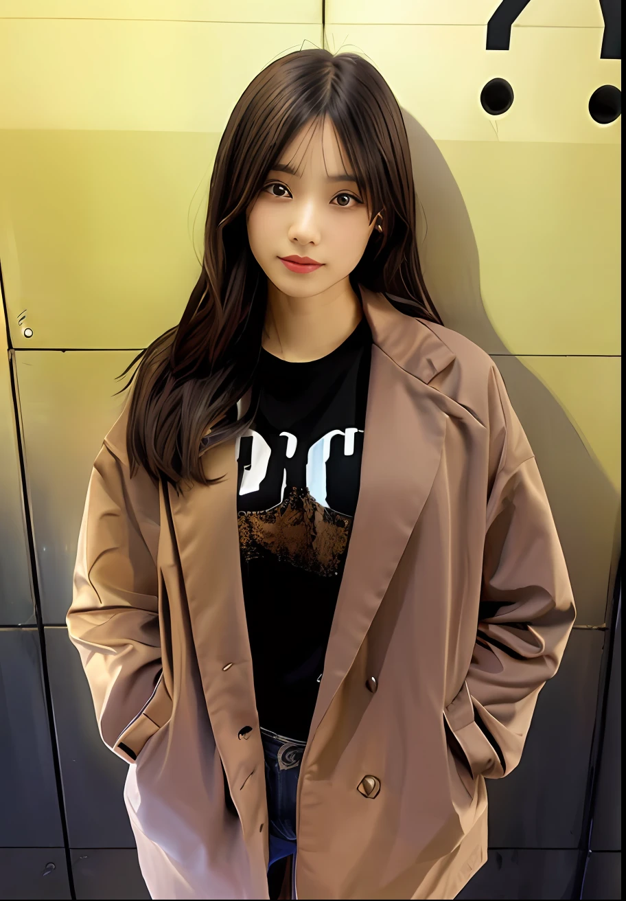 1girl, black t-shirt, brown suit, ideal body, jeans, visible navel, long hair, hands in jacket pockets, shiny sweat, details on face, ultra detail, realistic, 24k, background in dark alley