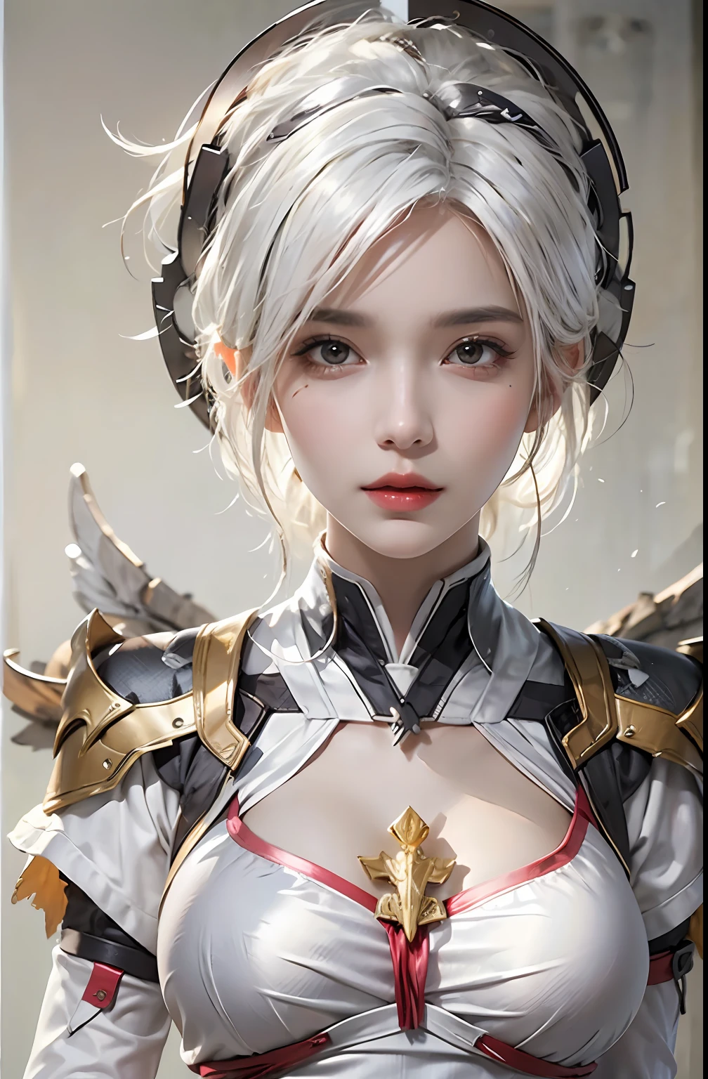 photorealistic, high resolution, 1 women, solo, hips up, look at viewer, (detailed face), white hair, mercy costume