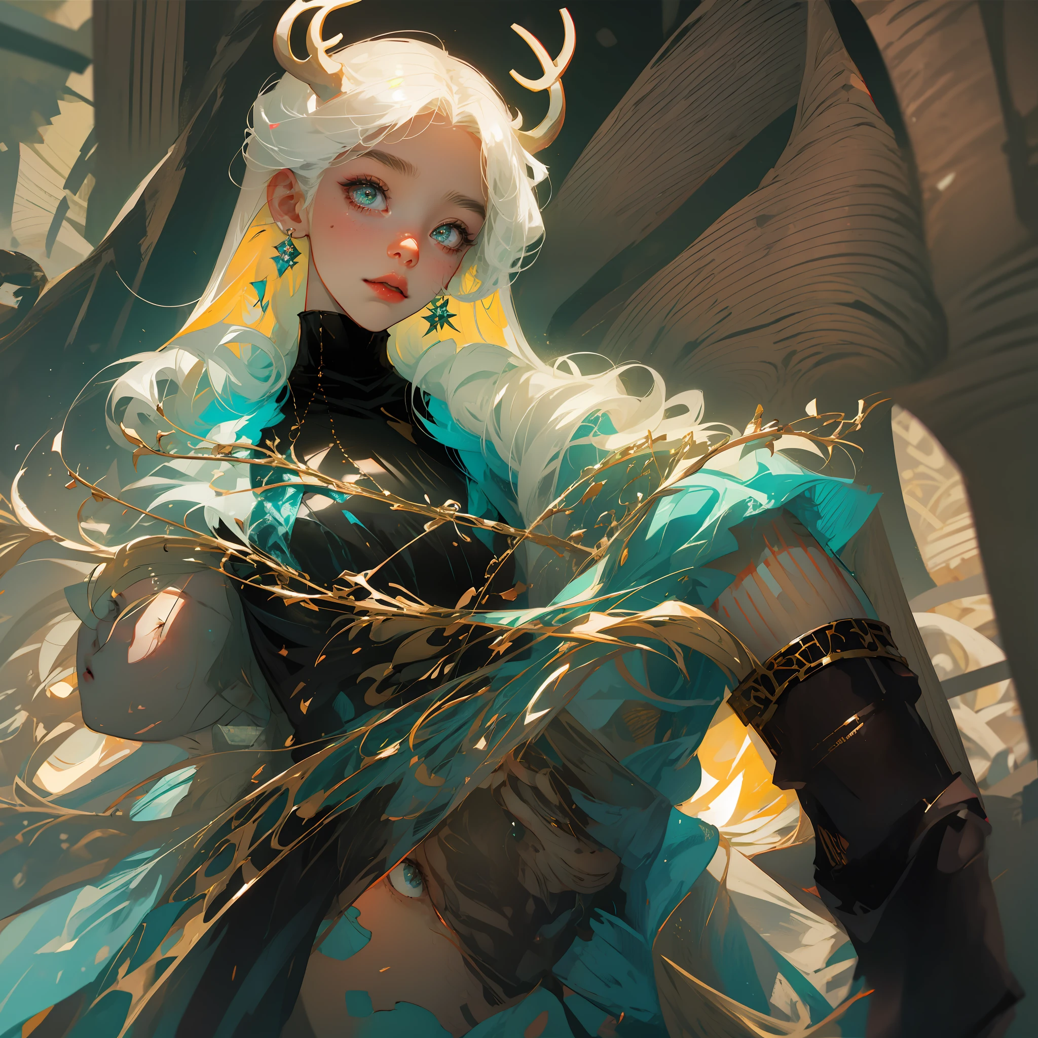 This -yeld bey anime picture presents a unique mix of platinum color scheme and punk style。She wore an almost transparent light-colored gauze dress,Wear yours with black leggings and combat boots,to create an air of rebellion and freedom。She wears white gloves on her hands,Let the whole look highlight her independence and confidence。
Her long blonde hair was draped behind her back,It's very shining,And creates a radiant feeling。Her face sometimes has sharp edges,But sometimes very innocent,This gives the impression that she has a punk atmosphere,At the same time, it is also a cute loli。Her g eyes and sweet smile,Make her image more charming。 An Asian girl with antlers