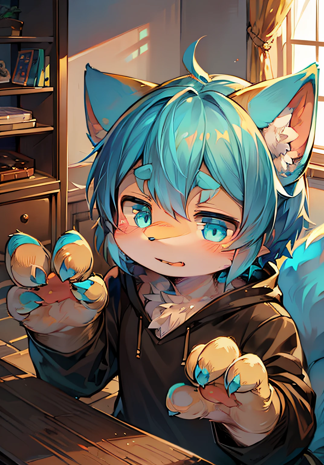 (ambiente dark:0.8),masterpiece,high quality,abstract res,digital painting\(artwork\), by dagasi, yupa,kiyosan,(anthro,fluffy fur,character focus:1.1),anthro male cat,short hair,portrait , eyes with brightness, head portrait, Character focus.(detailedbackground:0.7), 独奏, shaggy, shaggy male, malefocus, anthr,(Full Body Furry, Fluffy tail,cyan ears, Cyan fur, blue color eyes, blue hairs,Four fingers:1.2), (felid、red fox、Sweatshirt：1.2），（interiors、eventide、Riman、Wooden table：1.1）