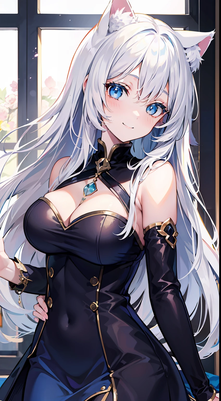 young girl, Long white hair, cat ears, cat tail, blue eyes, Blue luxurious tight dress, ssmile, Masterpiece, hiquality