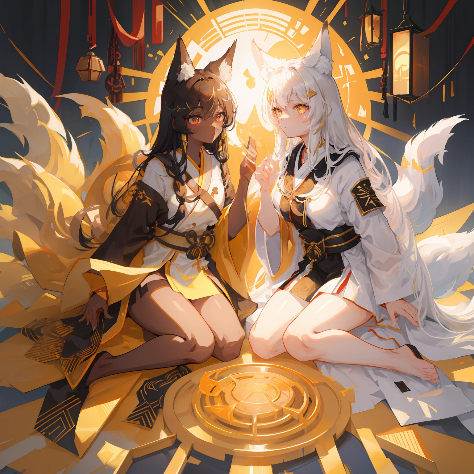 masterpiece, best qualities, black female,black_and_white_hair, golden runes on the body, kitsune features, fox ears, tan skin, caramel skin, gold and black traditional Japanese clothing, (golden eyes), one person,