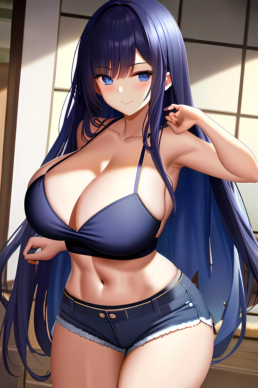 (Background with:In the blue corridor),tmasterpiece,(expressioness:Affectionate smile), 1girll, a mature female, Best quality at best, (:0.2), (gigantic cleavage breasts:1.0), largeeyes, (curves:0.8),Dark blue hair hanging down the shoulders, Deep blue eyes,Wear a dark blue top,Wear dark blue mini short jeans,Expose abs,A sexy pose
