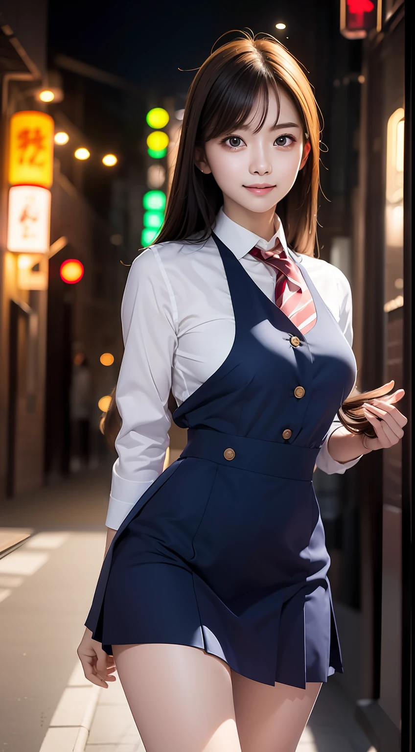 (masterpiece), best quality, ultra high res, close up, slim body, 1girl,school uniform, long hair, laughing, ramen, night, Tokyo restaurant background, colorful lights, photon mapping, radiosity, physically-based rendering, cinematic lighting, intricate, High Detail, Sharp focus, dramatic, photorealistic