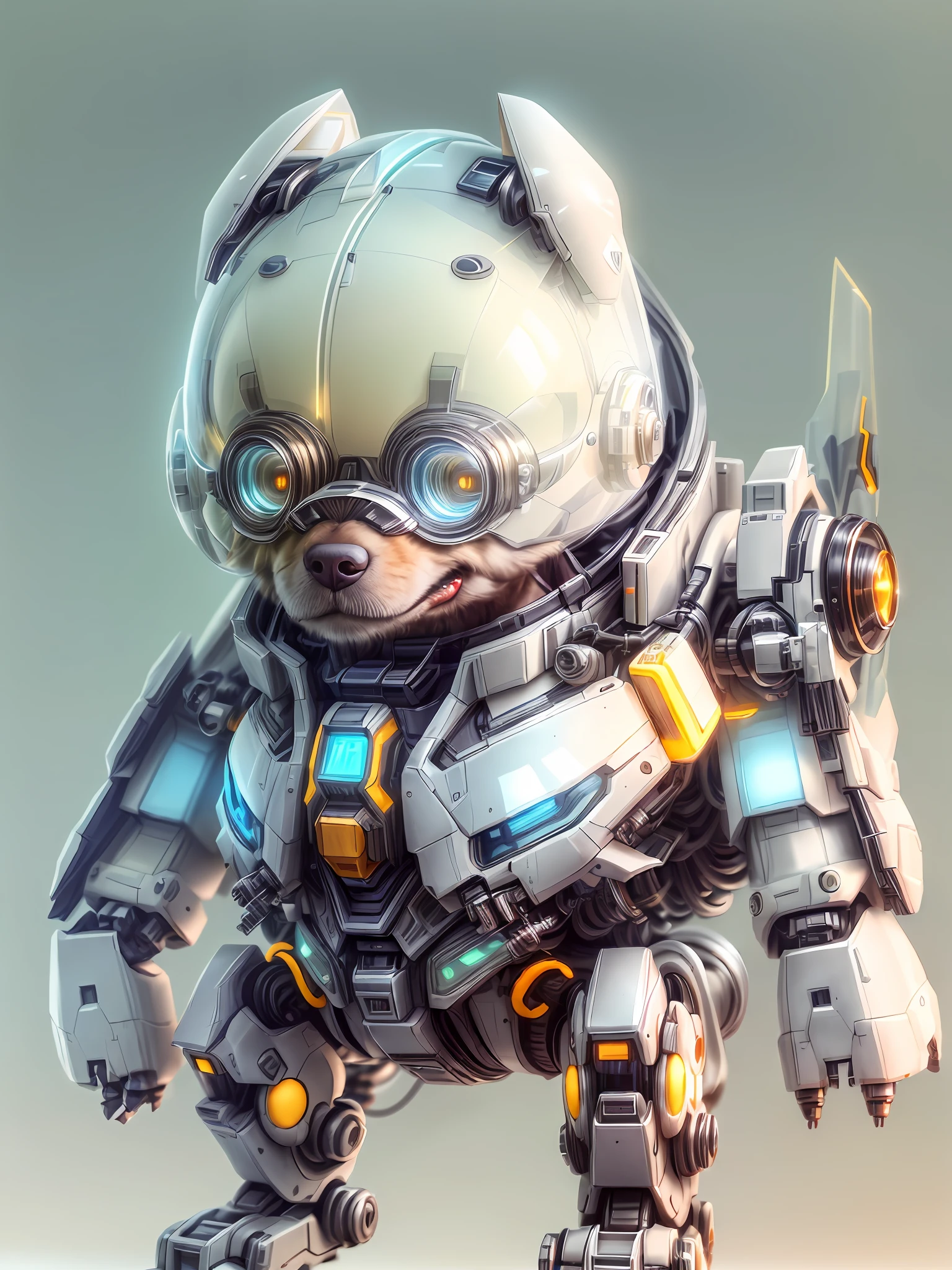 (anthropomorphism:1.5),(Full Body Shot) , 1 Transparent cute q-version dog mecha( Transparent mecha, Transparent Mechanical style cute dog head, Exquisite Helmet:1.2, glowing goggles:1.2, muscular limbs, muscular body), Standing on two legs, nobody,Colored Transparent plastic, Cyberpunk, Dreamy Glow,clean,white background, ( Global illumination, raytracing, HDR, unreal render,reasonable design, high detailed, masterpiece, best quality, UHD, Cinematic Lighting