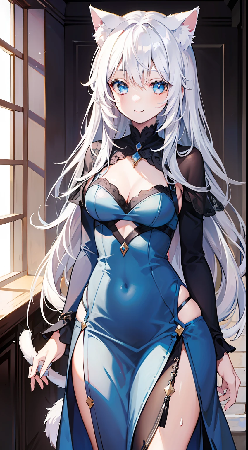 young girl, Long white hair, cat ears, cat tail, blue eyes, Blue luxurious tight dress, ssmile, Masterpiece, hiquality