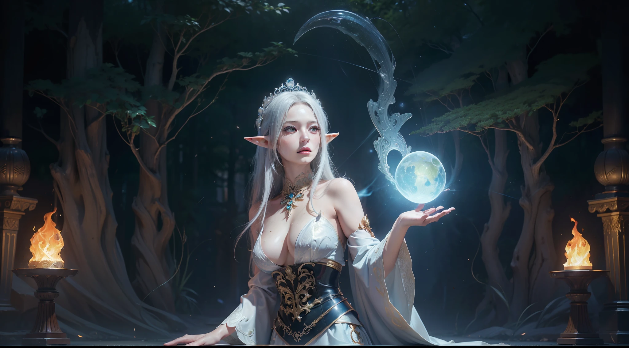 Female elf,magia,jungles,mature,robe,Intricate and ornate decoration,complex patterns,starrysky,(skin indentation:1.5), realisticlying, realisticlying, (Masterpiece:1.5), concept-art, intricately details, highly detailed, realisticlying, rendering by octane, 8K, unreal-engine, dynamicposes, Best quality at best, A high resolution, (photorealiscic face:1.1), (Hyper-realistic:1.1), ((full_Body)), perfect eyes,(shiny skins:1.2), eletric, rotating flame, Radiant force, spark of light, smog, magia, ((Dramatic)), Epic, battlefiled, depth of fields, Background bokeh, 4K, ashes,