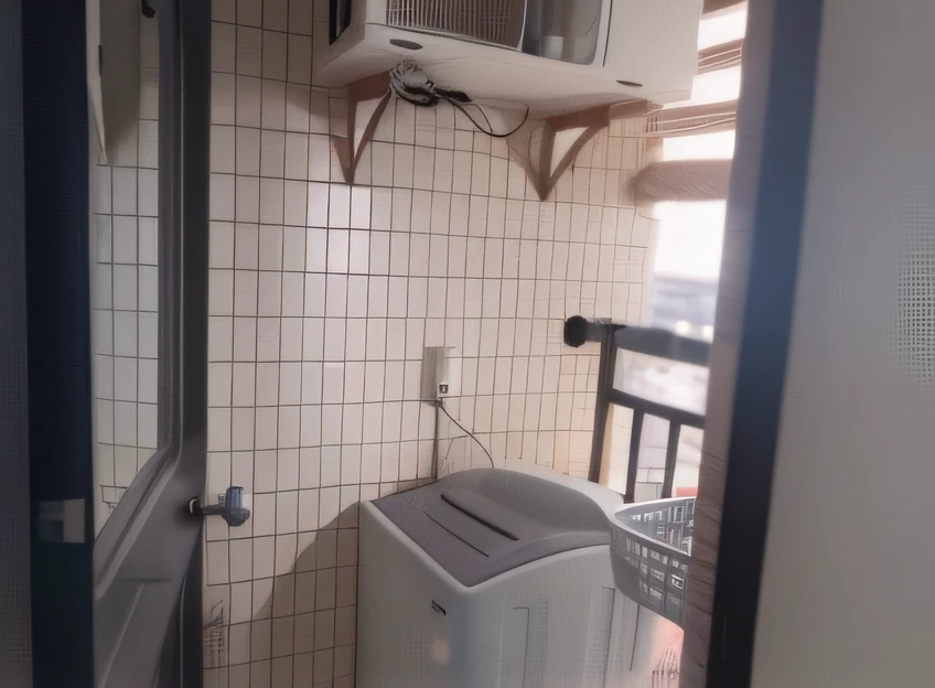 Small bathroom with small washer and dryer, air conditioner, small rooms,The wall tiles are dirty, in a japanese apartment, dirty apartment, low quality footage, balcony scene, low quality video, leaked footage, apartament, instagram post, security footage, realistic lens, dystopian city apartment, apartment of an art student, location in a apartment, (The dimensions of each part in the image remain unchanged)