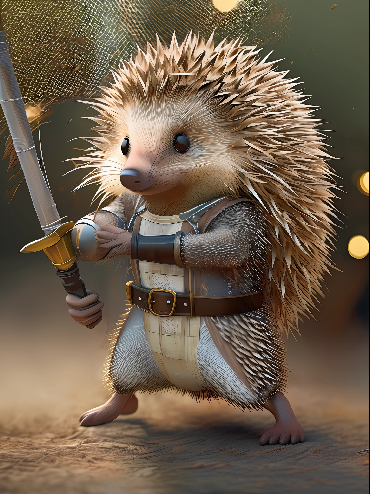 hedgehog,blend,fencing,upperbody closeup,Wear fencing uniforms,Armed with a rapier in hand,tmasterpiece,Background bokeh,There are no humans in the scene