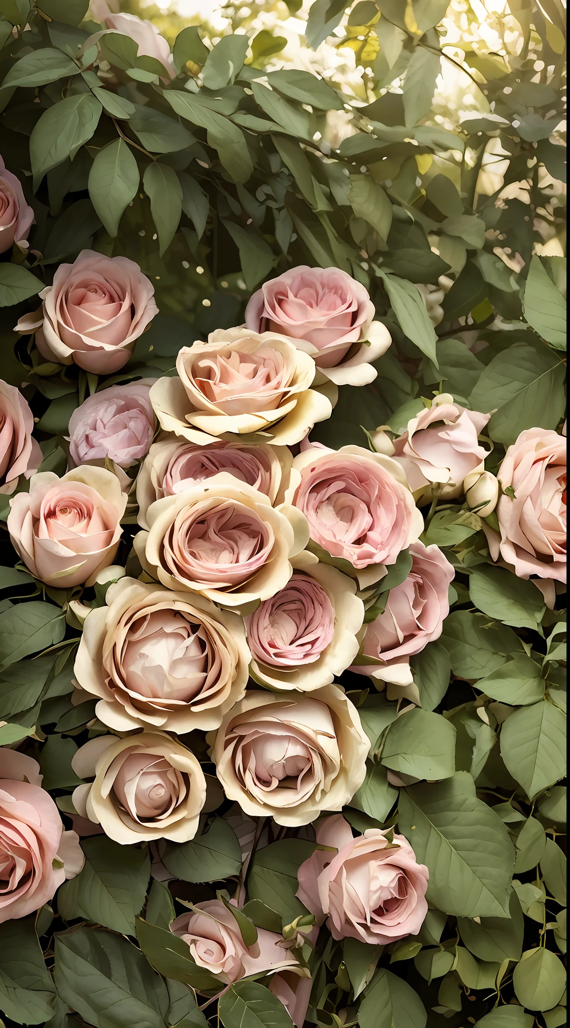 There is a large group of pink and white roses in the garden, rose-brambles, Rozen Maiden, rosa bonheurn, rosette, rose twining, Incredibly beautiful, Rose, a few roses, light pink tonalities, pink rosa, rosses, full bloom, Amazing beauty, beautifully, Rose garden, Pink , Pink rose, beautiful aesthetic