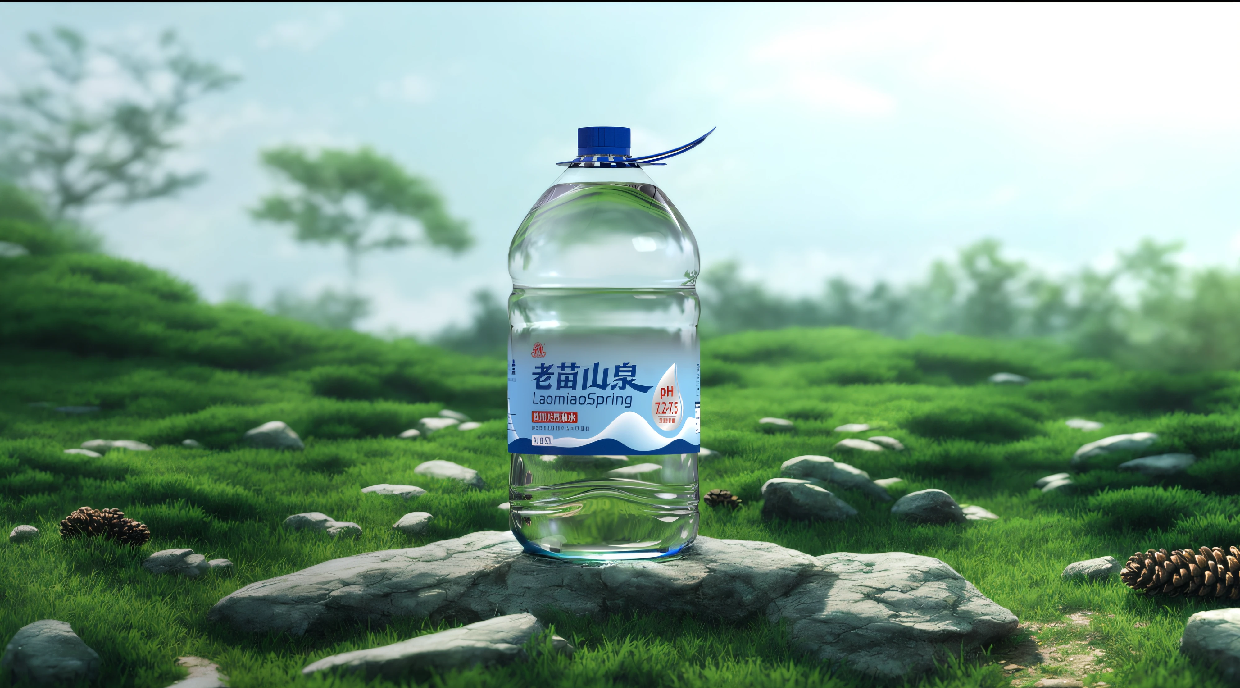 On a stone in the grass sat a bottle of water, realistic water, ultra detailed water, realistic water sharp focus, high quality topical render, water in background, natural realistic render,Purified water,