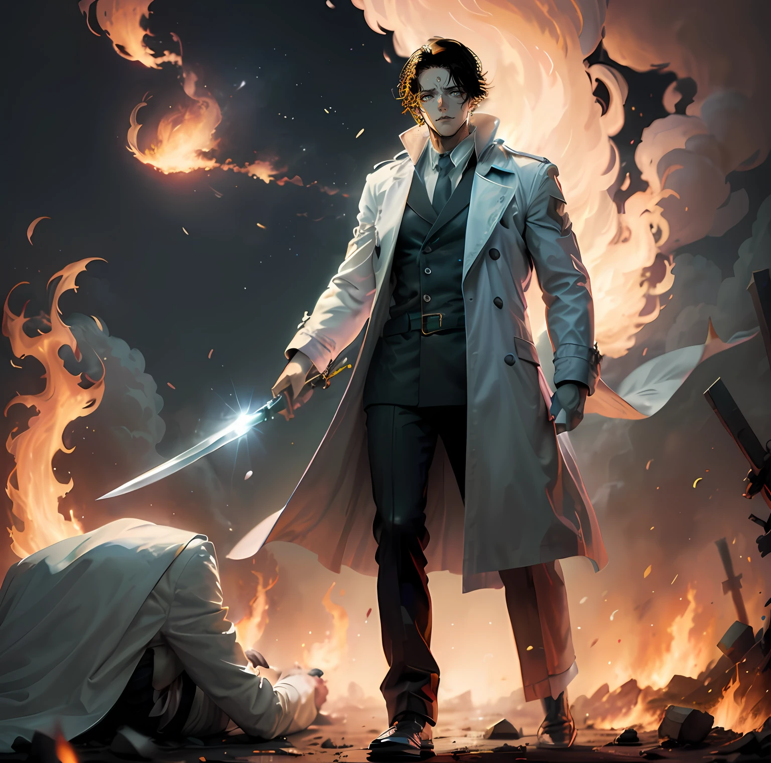 brunette man，Wear a white trench coat，He wears a white scarf on his head，Armed with a long knife，Flames swirled in the sky behind them，Murderous eyes，Condescending，The corpses under the feet were trampled underfoot