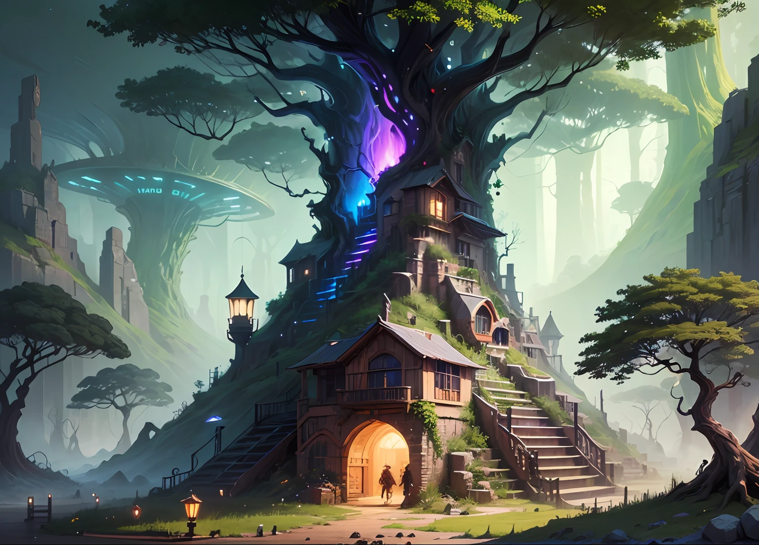 a digital painting of a forest at night, cyberpunk art, by Mike "Beeple" Winkelmann, fantasy art, intricate rainbow environment, elven city, epic fantasy art style hd, in a park on a alien planet, world of warcraft art style, beautiful detailed fantasy, fantasy jungle, magical colored theme, magical tree --auto --s2