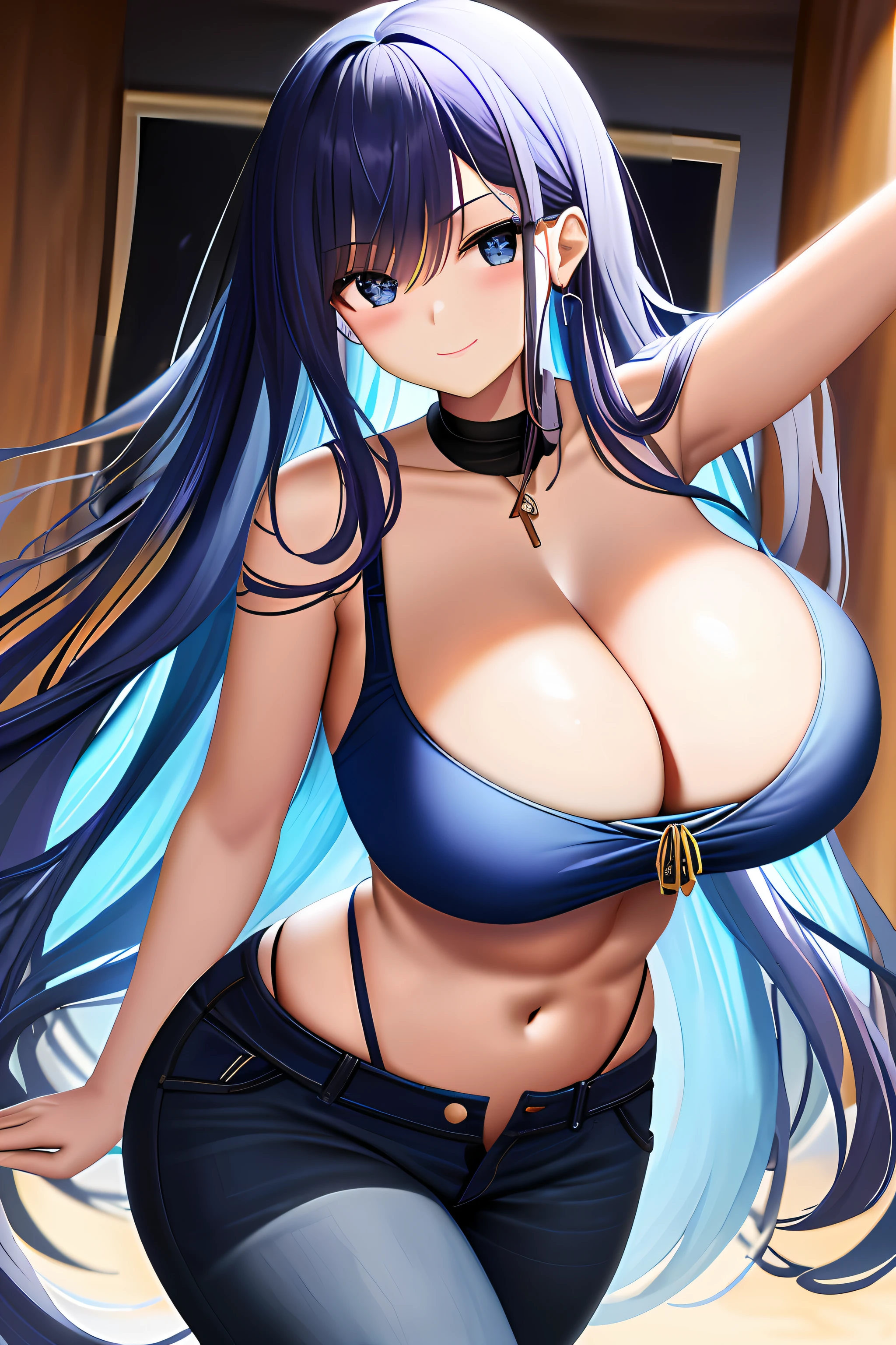 tmasterpiece，（expressioness：Affectionate smile）， 1girll， a mature female， Best quality at best， （：0.2）， （gigantic cleavage breasts：1.0）， largeeyes， （curves：0.8）， Caustics， （rays of sunshine：0.8），Long crimson hair draped loosely，   red color eyes，  Short black vest， red-skinny pants，Reveals strong abs，a sexy pose