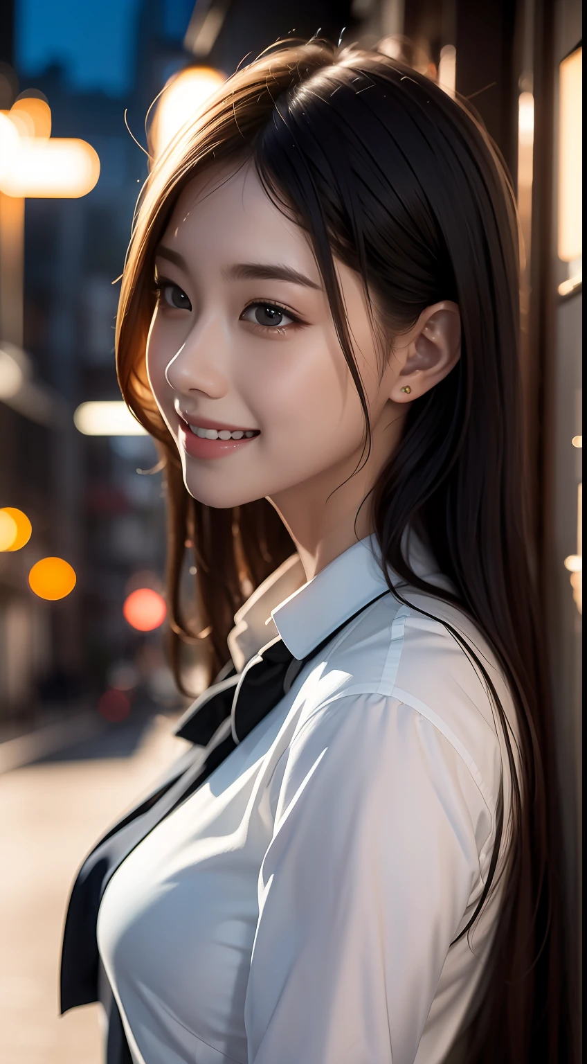 (masterpiece), best quality, ultra high res, close up, slim body, 1girl,school uniform, long hair, laughing, ramen, night, Tokyo restaurant background, colorful lights, photon mapping, radiosity, physically-based rendering, cinematic lighting, intricate, High Detail, Sharp focus, dramatic, photorealistic
