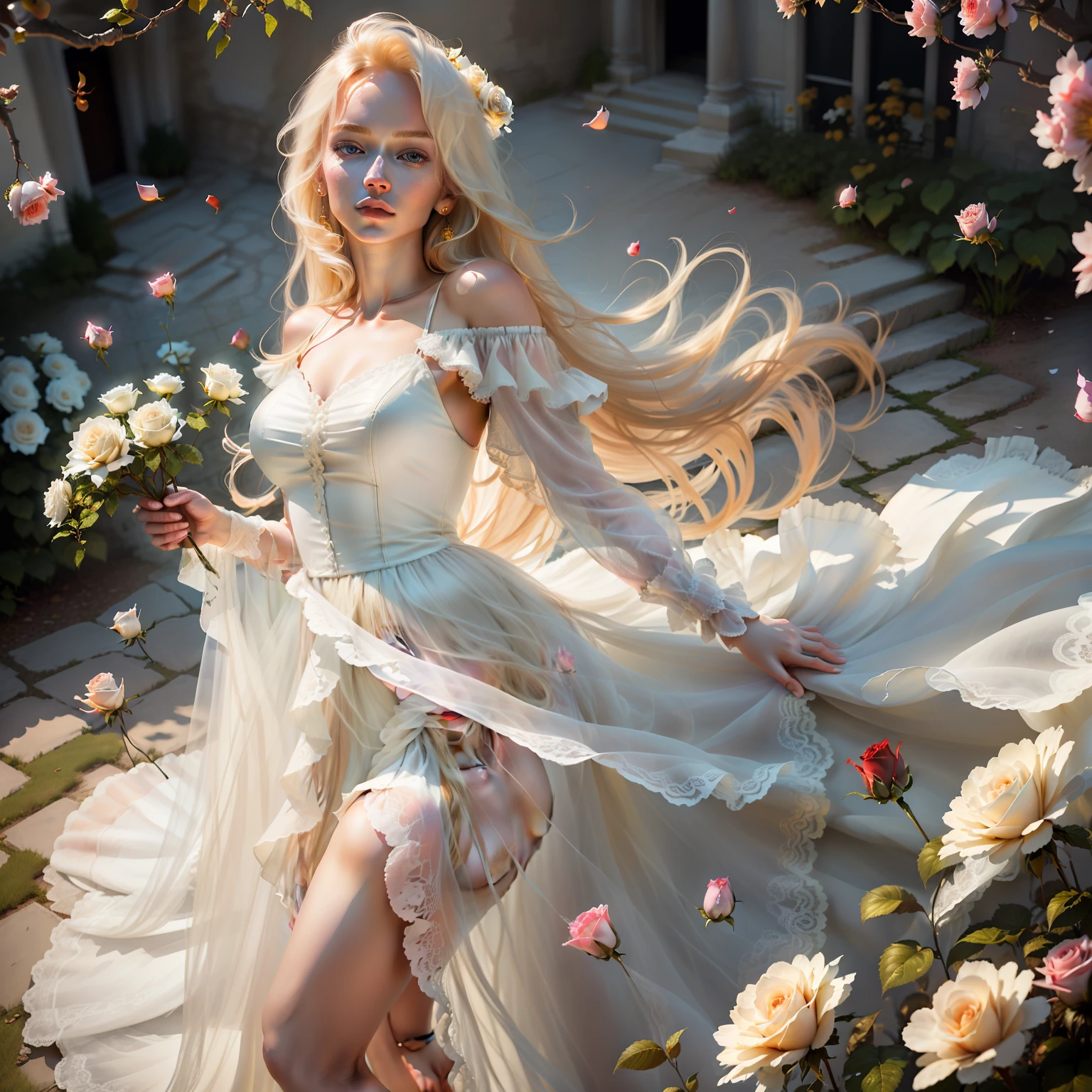 (masterpiece: 1.2, realistic: 1.37, ultra high resolution), female model, fair skin, long blonde and straight hair, white dress, in a sunlit garden, with rose petals everywhere, high contrast, dynamic, soft focus.