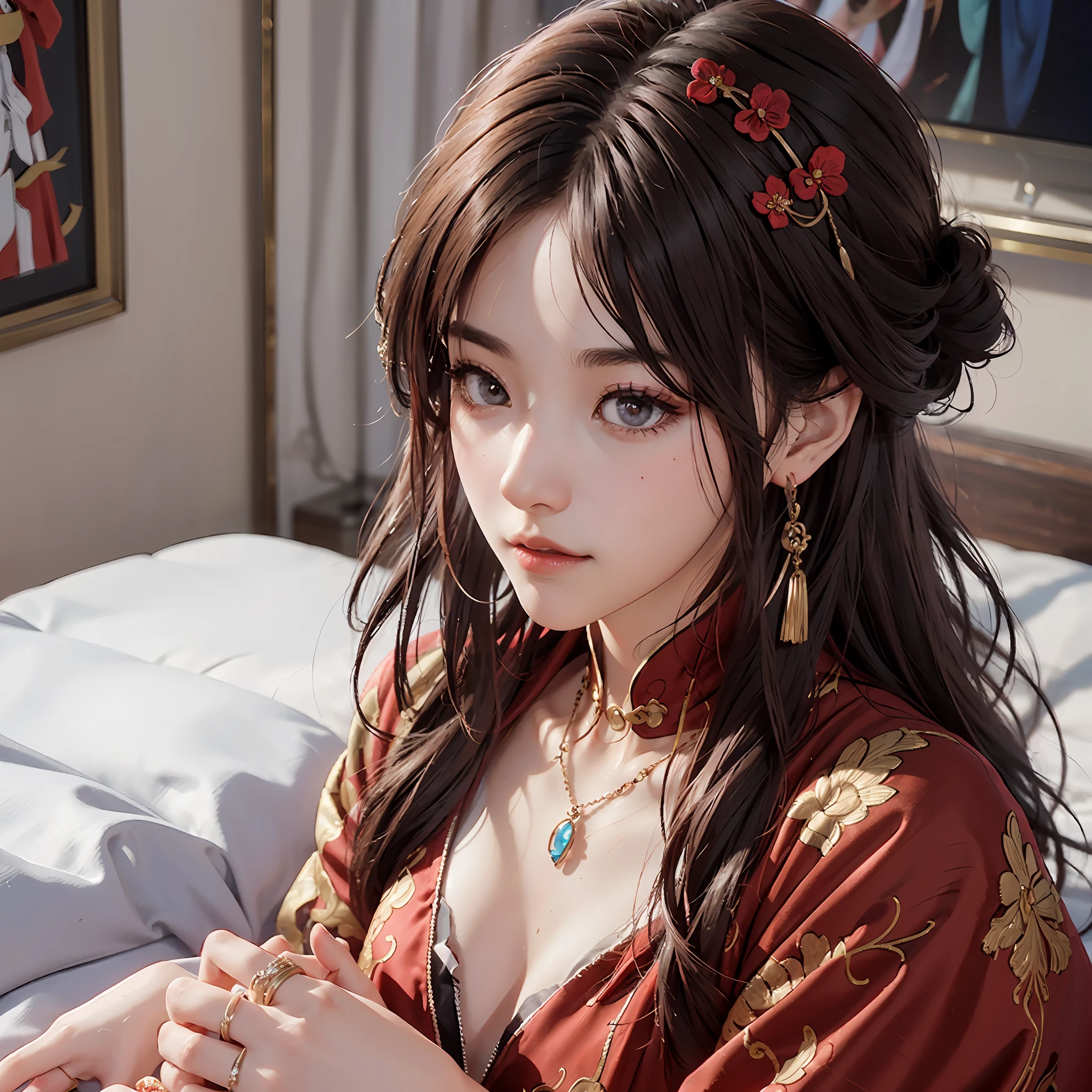 (A Chinese bride), (wearing a gorgeous Chinese red wedding dress), (conservative wedding dress: 1.4), ((half lying in bed)), (chinoiseriety elements: 1.4), (shy, tender, beautiful face, fair skin, bright eyes, elegant eyebrows, happiness and expectation, rosy lips, soft face), (red clothing: 1.4), (wearing delicate jewelry, rings, necklaces)), clothes embroidered with phoenix motifs, (embroidery), (conservative red robe), pure, romantic, (Full body shot: 1.5), (body curve), Pleated decoration, (cinematic quality), (Best quality: 1.2), (Realism: 1.4), (Indoor), Photo quality, ((octane rendering)), Close-up, Photographic lighting, (Red theme: 1.4),
