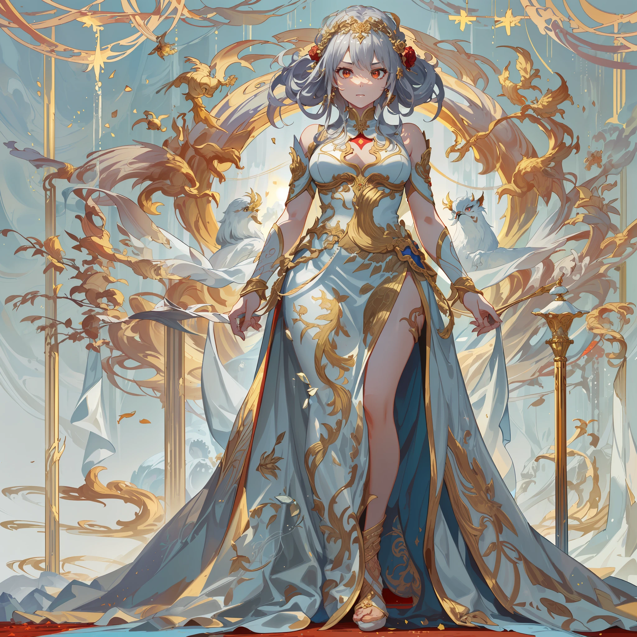 (Golden ratio:1.2),[(greybackground:1.4)::10],(Masterpiece), (Best quality), (Ultra detailed),(Disheveled hair),(illustration),(细腻细致), (Intricate details), (Cinematic light, 最优质的背光), 清晰的线条, From below, solo female,perfect bodies,(1girll),full bodyesbian,Fair complexion,Silver hair and golden eyes,This character，Reminiscent of a strong woman like Wu Zetian,(female emperor,(Red sheer wedding dress:1.3))+(Phoenix blonde hair ornament:1.3)+(The skirt has silver phoenix embroidery:1.3),Shiny clothes,Mop long skirts,(A rose-red mat that only international stars can step on:1.3),(Inside a stalactite cave dripping with lava:1.3),closeup cleavage,（Very detailed CG unity 8K wallpaper），Professional majestic oil painting by Ed Blinkey，atey ghailan，by Ghibli Studio，Jeremy Mann，Greg Manchess，Antonio Moro，Popular on artstation，Popular on CGsociety，复杂，high detal，Sharp focus，dramatics，The art of photorealistic painting was created by Midjourney and Greg Rutkowski