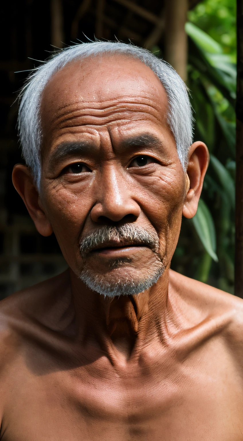Photographic, highly detailed, realistic. An old man in rural Malaysia, a farmer with wisdom. He wears a traditional sarong. shirtless, and his eyes are kind but tired.