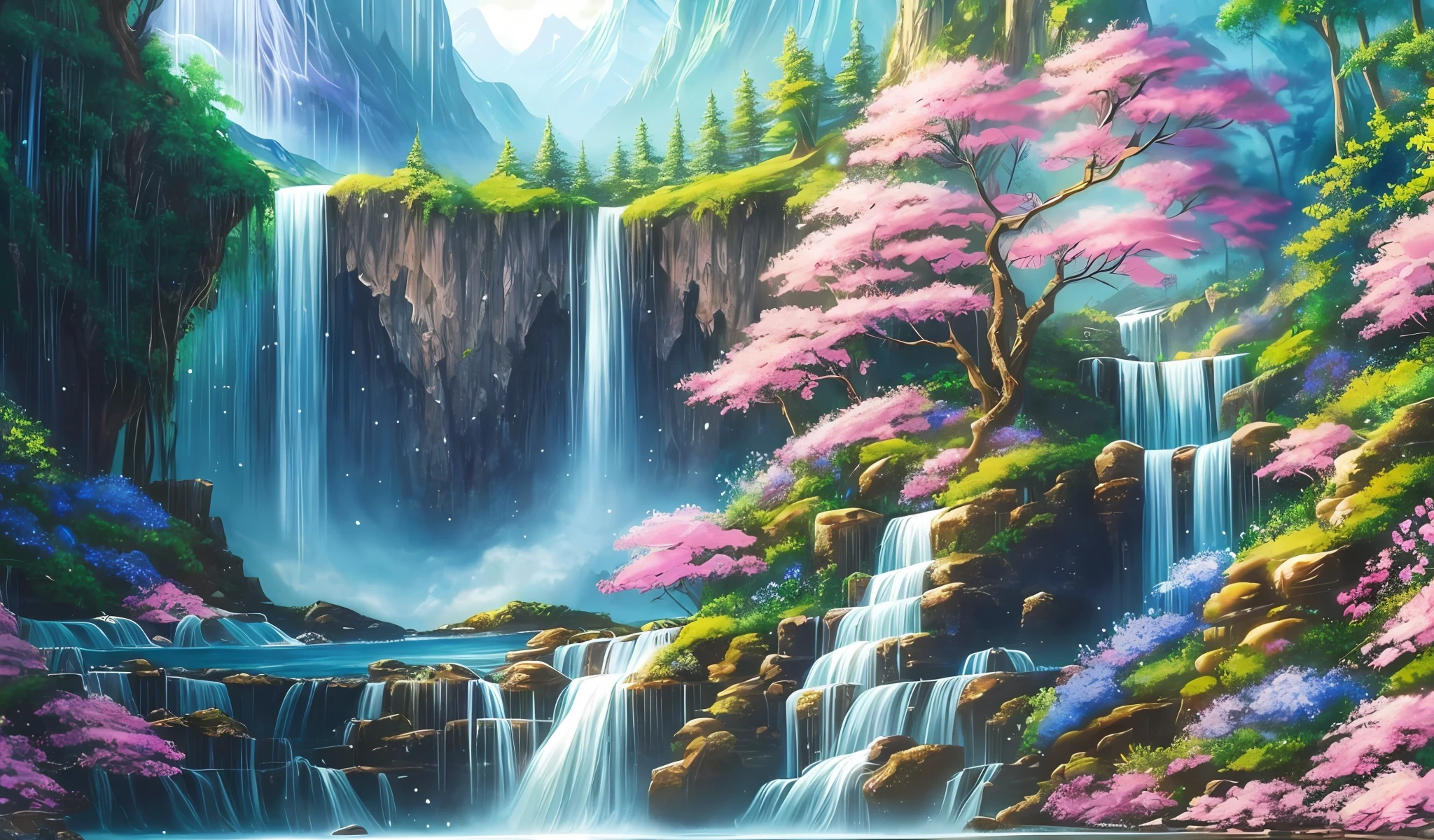 a painting of a waterfall surrounded by flowers, concept art, by Yang J, deviantart contest winner, fantasy art, 4k vertical wallpaper, magical sparkling lake, beautiful art uhd 4 k, magic world. colorful, floating mountains, japanese shrine waterfall, fantastic artstyle --auto --s2