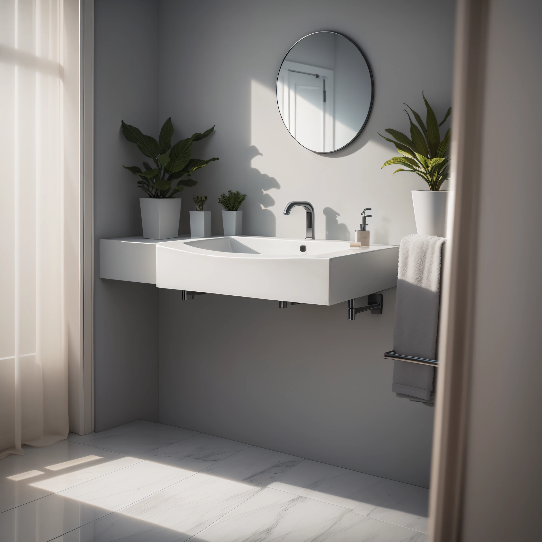 ((photo realistic))best quality,RAW photo, modern wash room, realistic rendering, lighting, no humans, pure, clear, light gray walls, minimalist and low luxury, square mirror, hand soap and houseplants on the stand, light gray towels, close-up shot of washbasin.