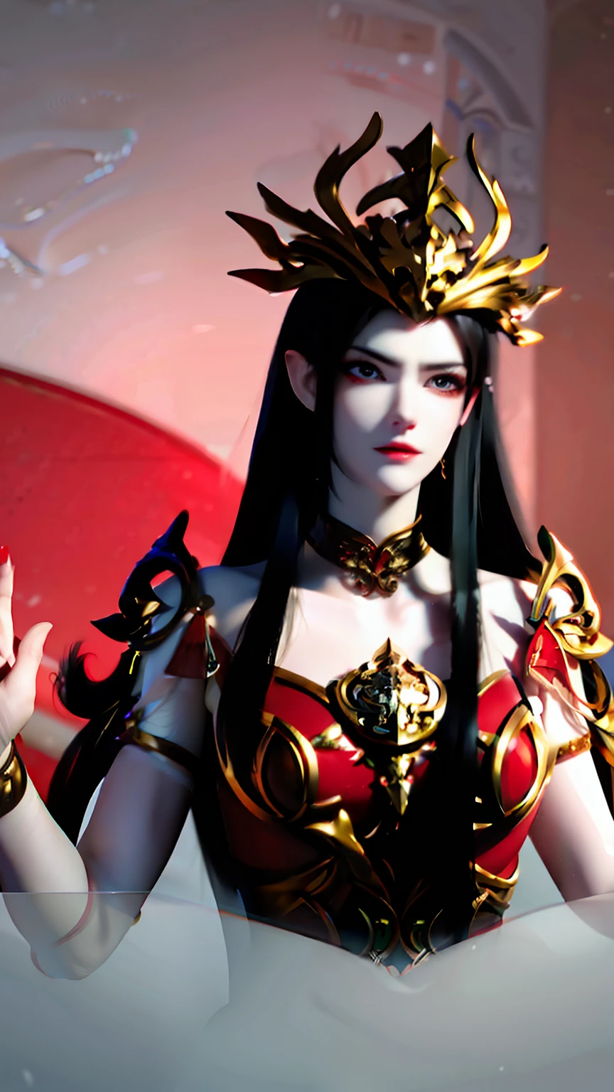 Excellent, masterpiece, black hair, golden eyes, red clothes, looking up, upper body, hair, fair skin, red theme