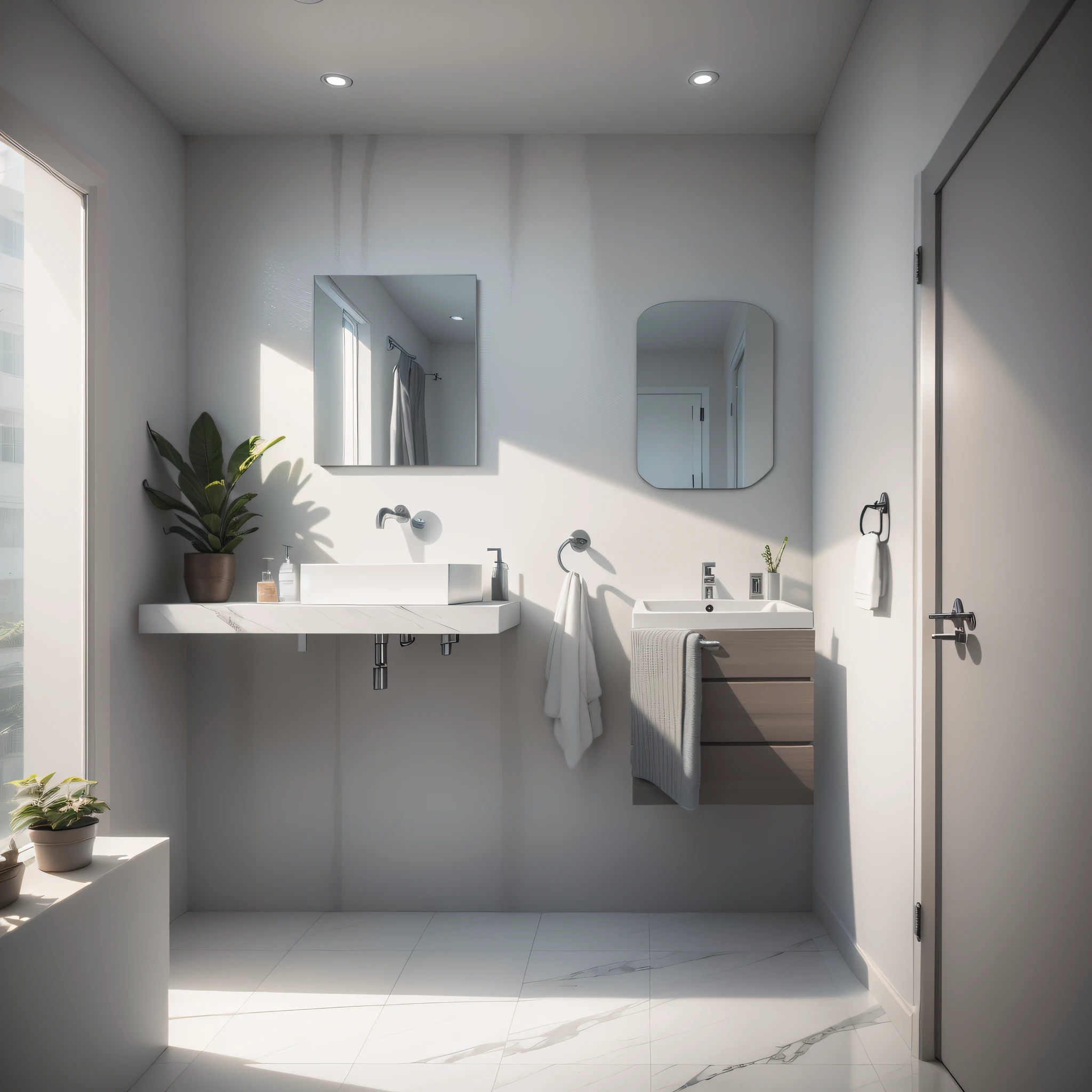 ((photo realistic))best quality,RAW photo, modern wash room, realistic rendering, lighting, no humans, pure, clear, light gray walls, minimalist and low luxury, square mirror, hand soap and houseplants on the stand, light gray towels, close-up shot of washbasin.