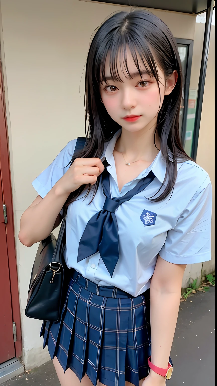 ((top-quality、​masterpiece))、Raw photography、8K、top-quality、 超A high resolution、Beautiful face in every detail、Realistic human skin、Gentle expression、front-facing view、Farbe々From an angle、length hair、realisitic、Photorealsitic、cute little、a short skirt、cute school girl、Japan schoolgirl wearing uniform、Surreal High School Girl、outside of house、(wrist watch)、A bracelet、blue-sky、Bus stop、School bag、