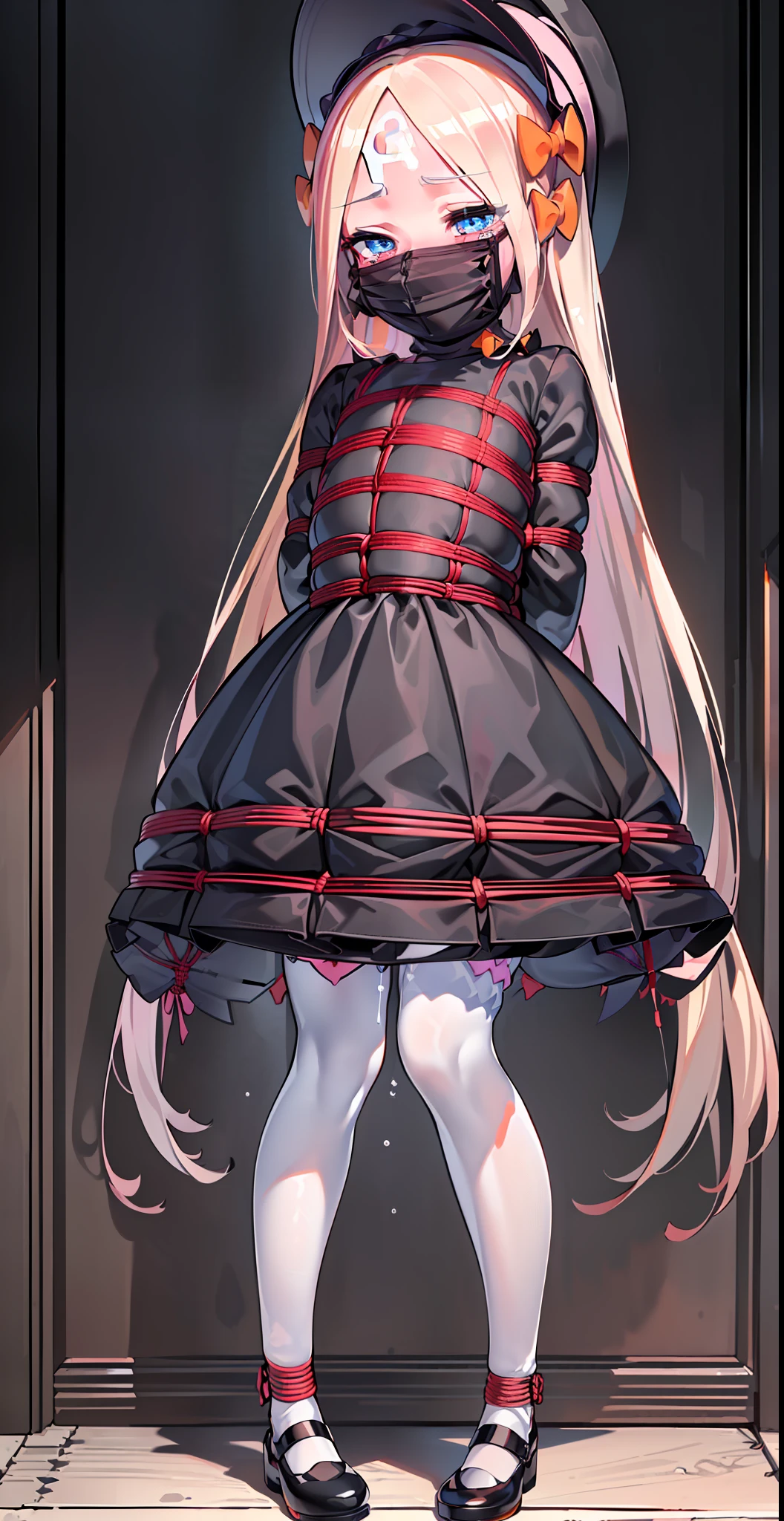 ((masterpiece)),((best quality)),((official art,extremely detailed CG unity 8k wallpaper)),((huge_filesize)),game_cg,((solo)),(((abigail williams))),blue eyes,kawaii,(((blush))),sad,((tears)),hat,((black dress)),(((white pantyhose))), (((mary_janes))), (((arms_behind_back))),((rope)),((((shibari)))),((((mouthmask)))),