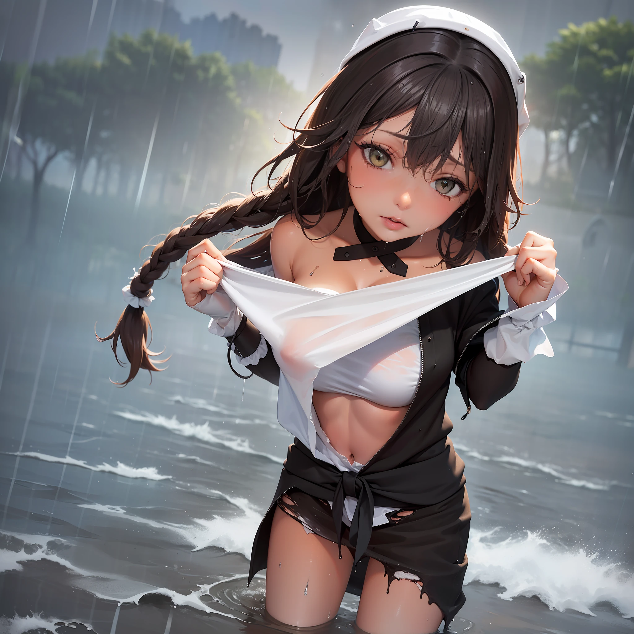 Best picture quality, masterpiece, ultra high resolution, (fidelity :1.4), photo, 1 girl,[(sadness)],white shirt, Dim, dark, desperate, pitying, pitiful, cinematic,tear,teardrop,(Torn clothes:1.5), (Wet clothes:1.4), bare shoulders,Real rain,wet hair,..