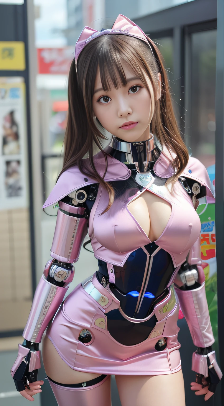 (Photorealsitic:1.4)、Onegirl、(top-quality),(hyperdetailed face)、(Super well-formed face)、((Robot Parts))、(Cyborg girl)、(gold)、(Silver)、(metalic)、(fullllbody)、(sexy pose)、(Slender body)、(tits out)、(Model body type)、(mecha exposure)、(akihabara)、(is looking at the camera)、(A dark-haired)、(9Head and body)、(a small face)、(Idol)、(front facing)、(is standing)、(Photo session)、(Looks sad)、(Cyborg girl in pink satin dress)、(sleeve less)、(a miniskirt)