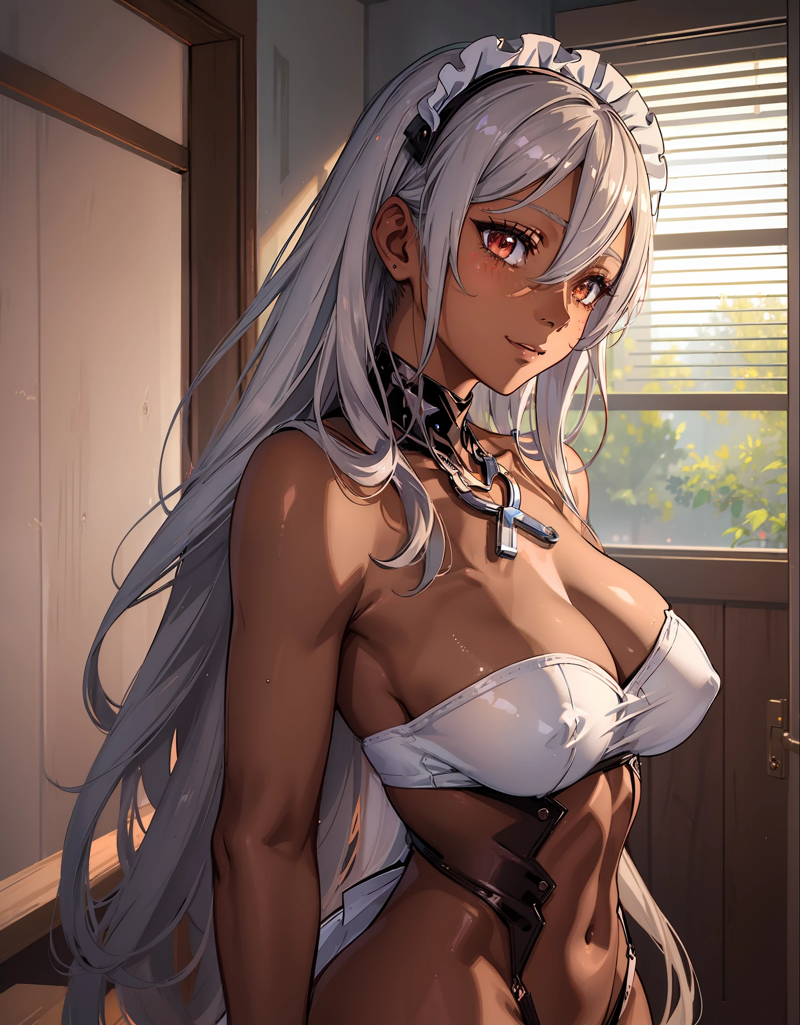 ((((masuter piece、top-quality、Long body、silber hair、large full breasts、Split abs、Brown skin color、perspiring、profile、Bath、Maid appearance、ssmile、inside in room、A charming expression、Great look))))、Silvery hair、Ruby-like red eyes、(((Very marked camel toe)))、(((Pose with emphasis on the chest)))、(((((Black skin、natta))))),((((darkskin)))),((sun burn))、Realistic skin type、an anime girl、Detailed Digital Anime Art、A seductive anime girl、extremely detailed art germ、a hyperrealistic schoolgirl、Ilyakukvshinov、Smooth Anime CG Art、Ultra Realistic Woman、ig model、ArtGerm、photo-realistic anime girl、digital anime art