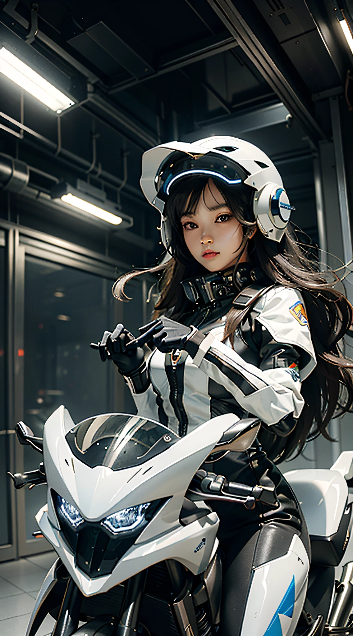 Highest image quality, outstanding details, ultra-high resolution, (fidelity: 1.4), the best illustration, favor details, highly condensed 1girl, with a delicate and beautiful face, dressed in black and white mecha, wearing a mecha helmet, holding a direction controller, riding on a motorcycle, the background is a high-tech lighting scene of the future city.