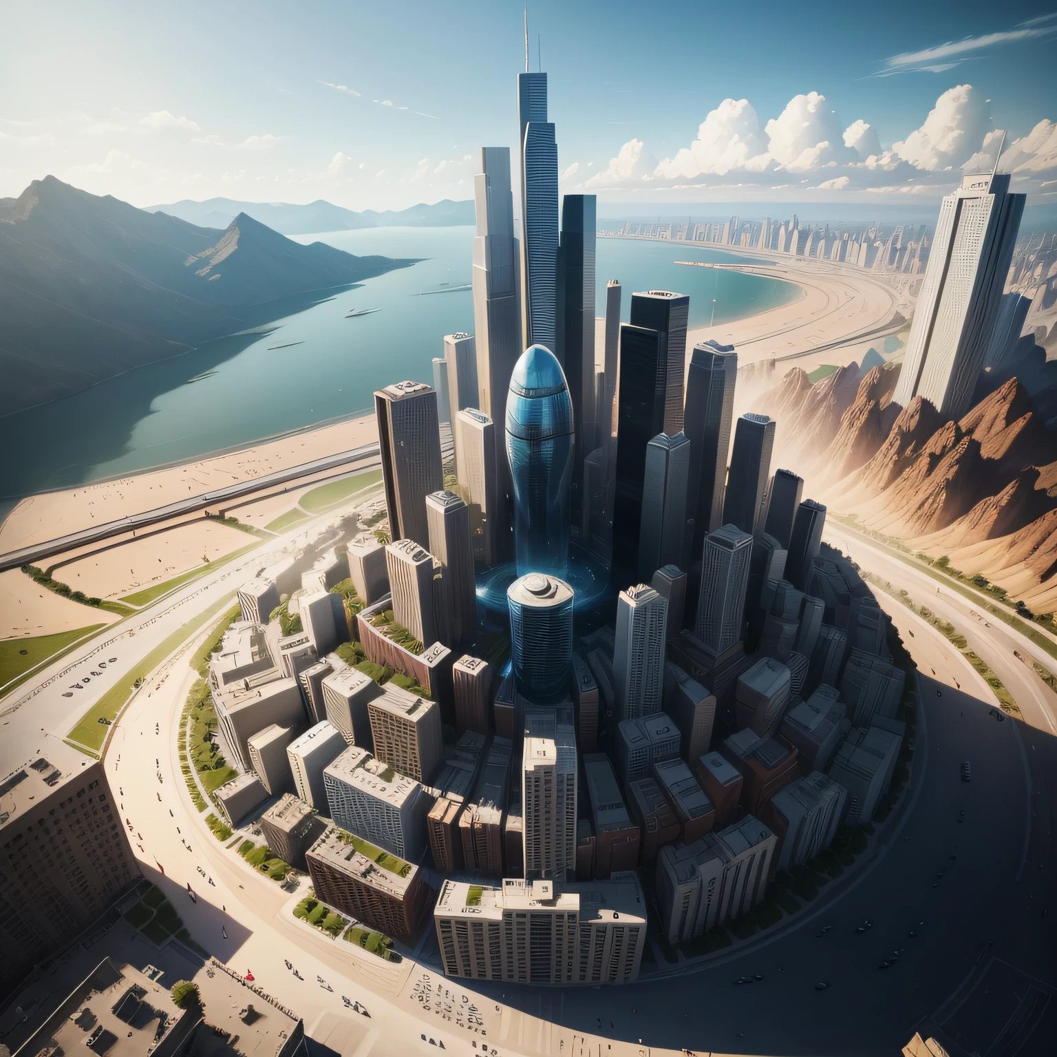 The cities of the future,No Man,Bustling,Technological,The lens was shot from 3000 meters above the city,Shot by Sony A7M4,in a panoramic view,Marker drawing,There are details,ultra-wide-angle,Detailed and appropriate,Large field of view,Textured,tissue,There are levels,Brush Strokes,Sharpen ,Photorealsitic,Bustling,Hyper-realistic,Dense buildings,Daytime,The lighting is real,The projection is real,The best picture quality,Best quality at best,The finest details,Masterpiece,4K,8K
