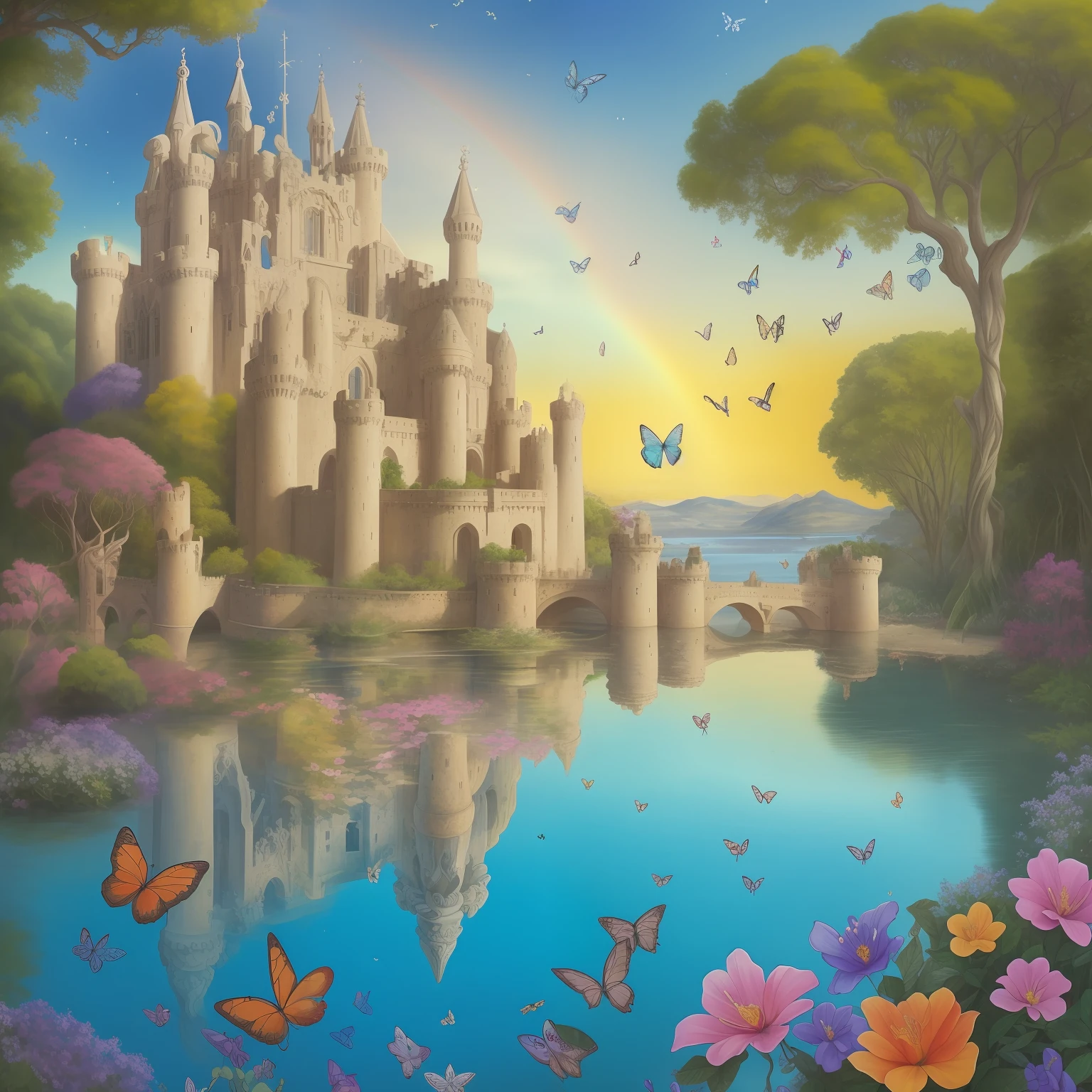 "Imagine uma obra de arte que transporta os observadores para um reino de maravilhas. A magical and enchanting scene unfolds before your eyes, com uma paisagem exuberante e cheia de vida. No horizonte, um majestoso castelo de contos de fadas se ergue, com torres espirais, elaborate battlements and bright stained glass windows that reflect the colors of the rainbow.
Ao redor do castelo, a lush, exotic garden blooms, repleto de flores exuberantes e fauna encantadora. Multicolored butterflies dance gracefully through the air, while birds sing heavenly melodies among the branches of centuries-old trees.
Um rio serpenteante atravessa a paisagem, its crystal clear waters reflecting the sunshine. Pontes de pedra arqueadas conectam as margens, adding a picturesque touch to the scene.
Na frente do castelo, A fountain carved in intricate detail gushes crystal clear water cascading, surrounded by graceful statues of mythological beings and fantastic creatures.
The sky is painted in shades of gold, rosa e azul, enquanto nuvens fofas e brancas flutuam suavemente, emoldurando a cena como uma obra-prima celestial.
This work of art is an invitation to a world of wonders, where imagination comes true and dreams come to life. Every detail is carefully crafted to delight and captivate the viewer's heart and mind, transportando-o para um universo de beleza e encantamento."