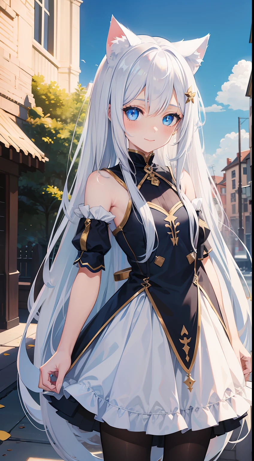 young girl, Long white hair, cat ears, cat tail, blue eyes, Blue luxurious tight dress, ssmile, Masterpiece, hiquality